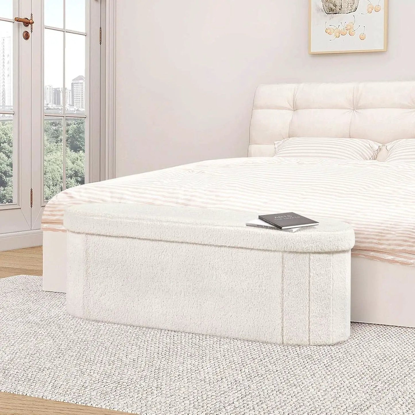 Sherpa Lined Folding Storage Ottoman 43.3 Inch White from PriceLows™