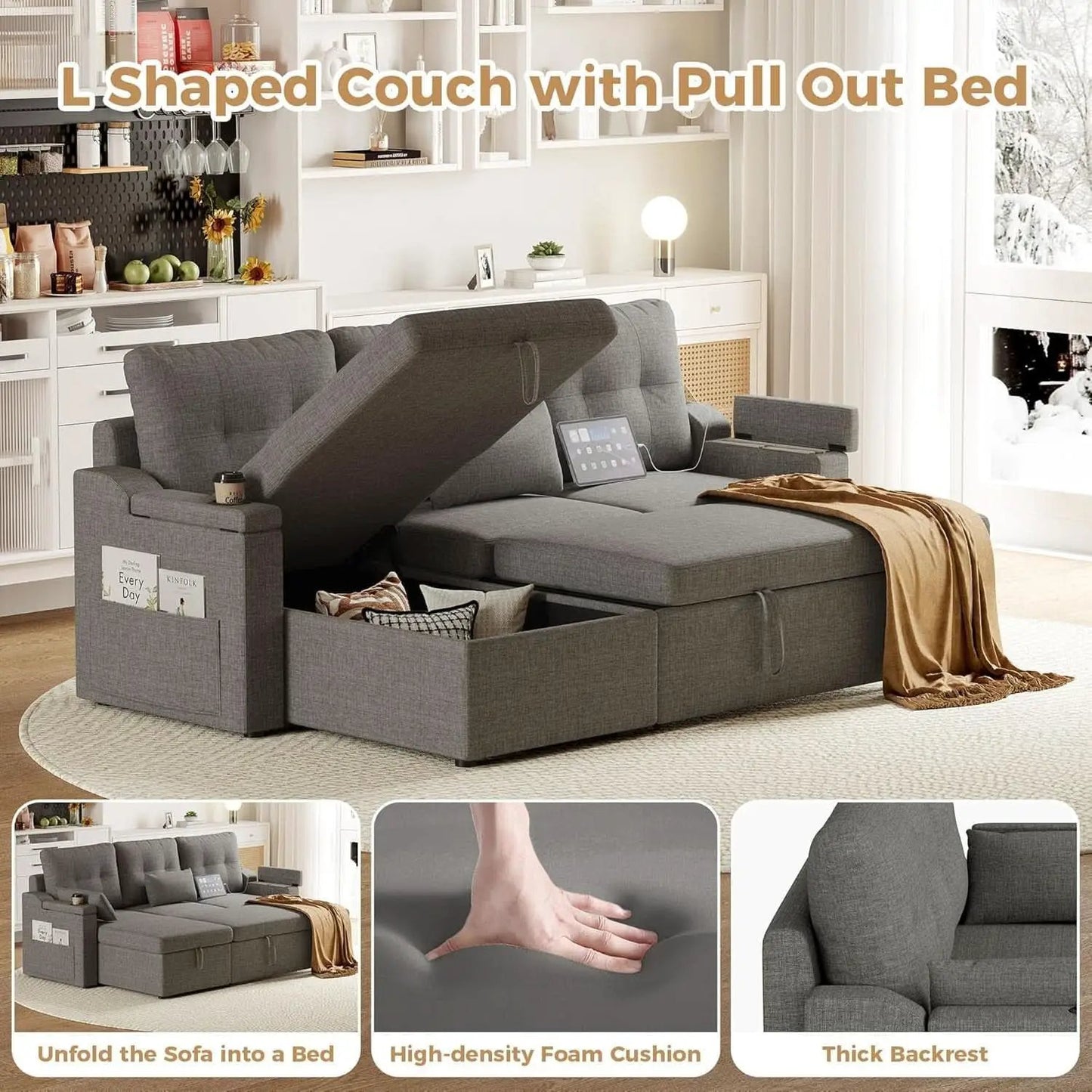 Charcoal LShaped Convertible Sleeper Sofa USB Ports from PriceLows™
