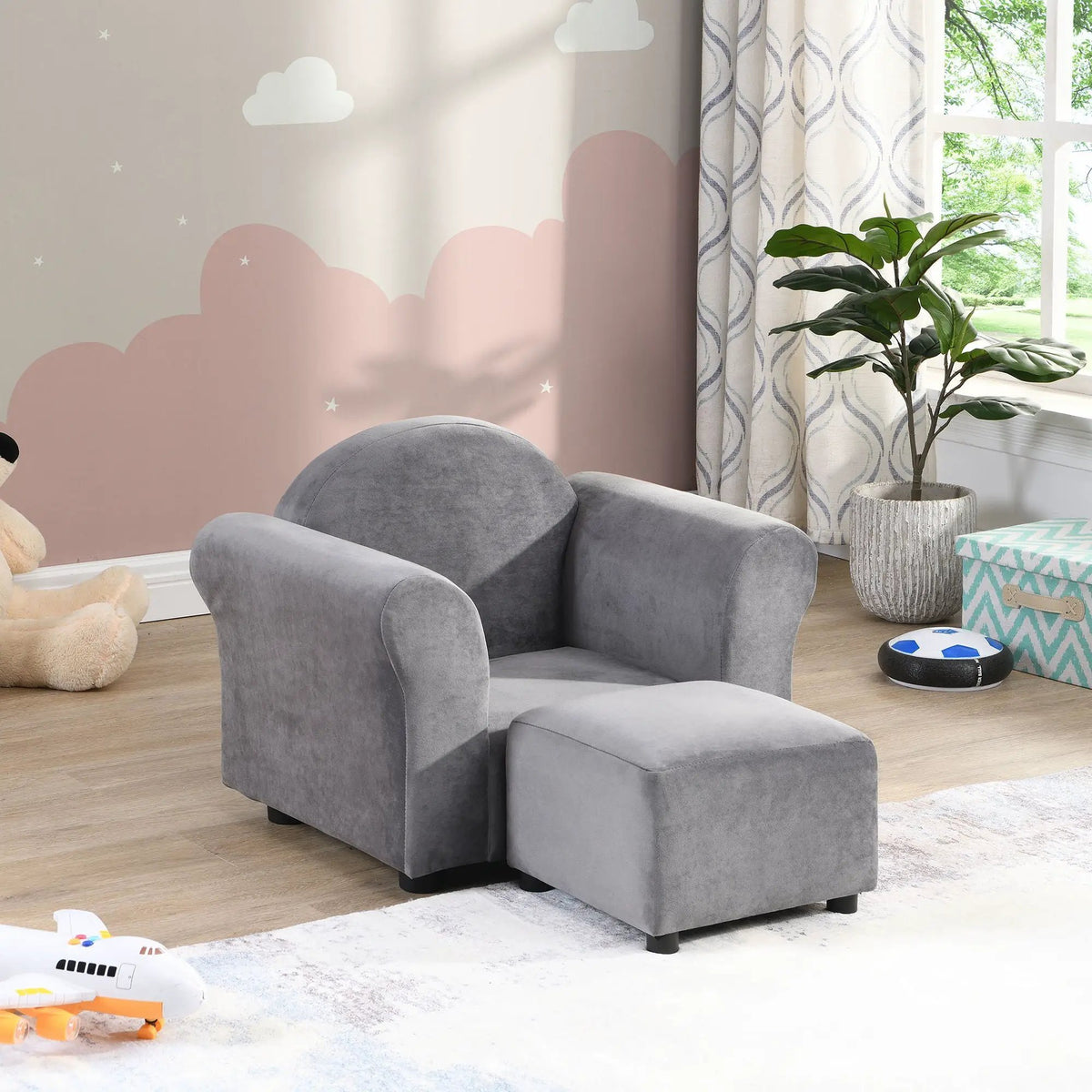 Kids Recliner | Upholstered Couch With Ottoman | Dark Gray