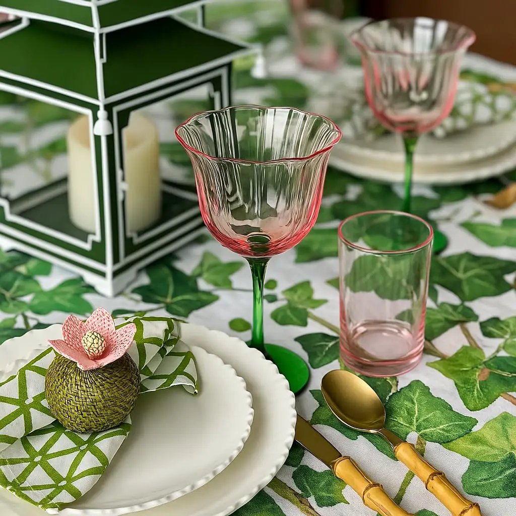 Khen Blossom Pink Tulip Wine Glasses Set of 2, Hand Blown Colored Crystal from PriceLows™