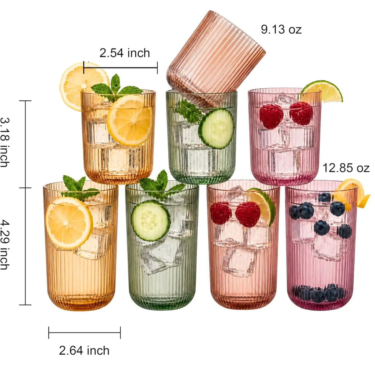 Ribbed Glasses - 4 Highball Glasses & 4 Lowball | 12.85 oz | Set of 8 | Drinkware Set