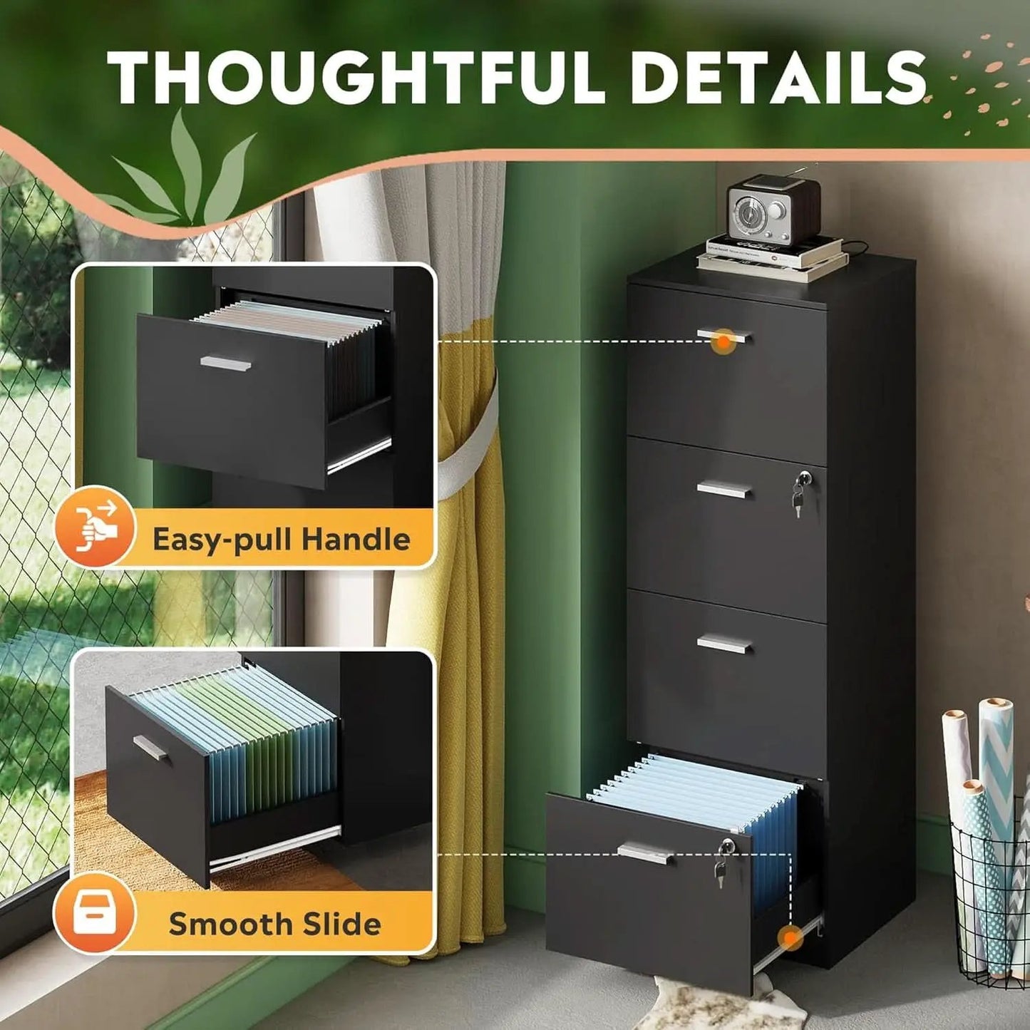 4 Drawer Locking File Cabinet For A4 And Letter Files Black Wood from PriceLows™