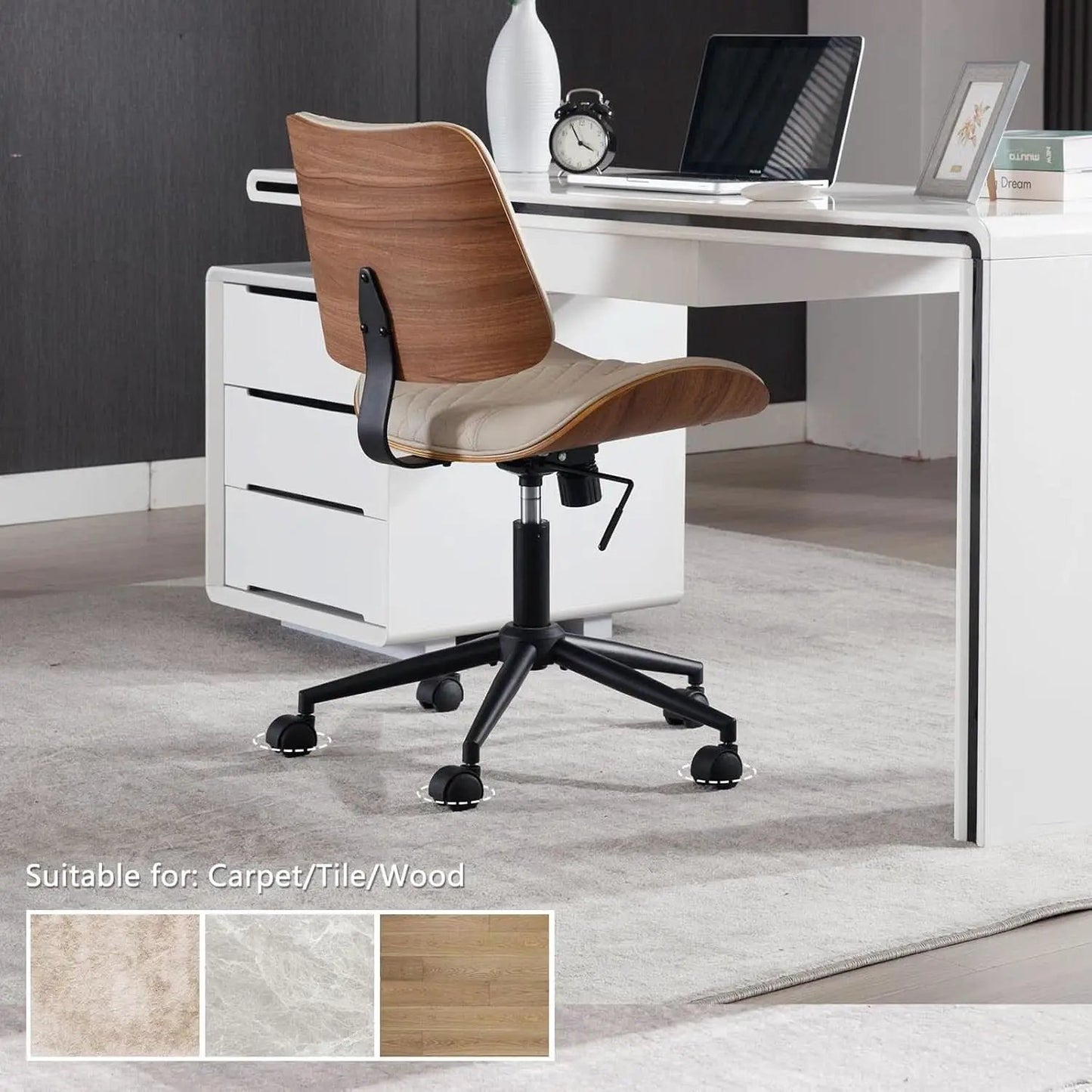 Armless Office Chair With Wheels Beige PU Leather Ergonomic from PriceLows™