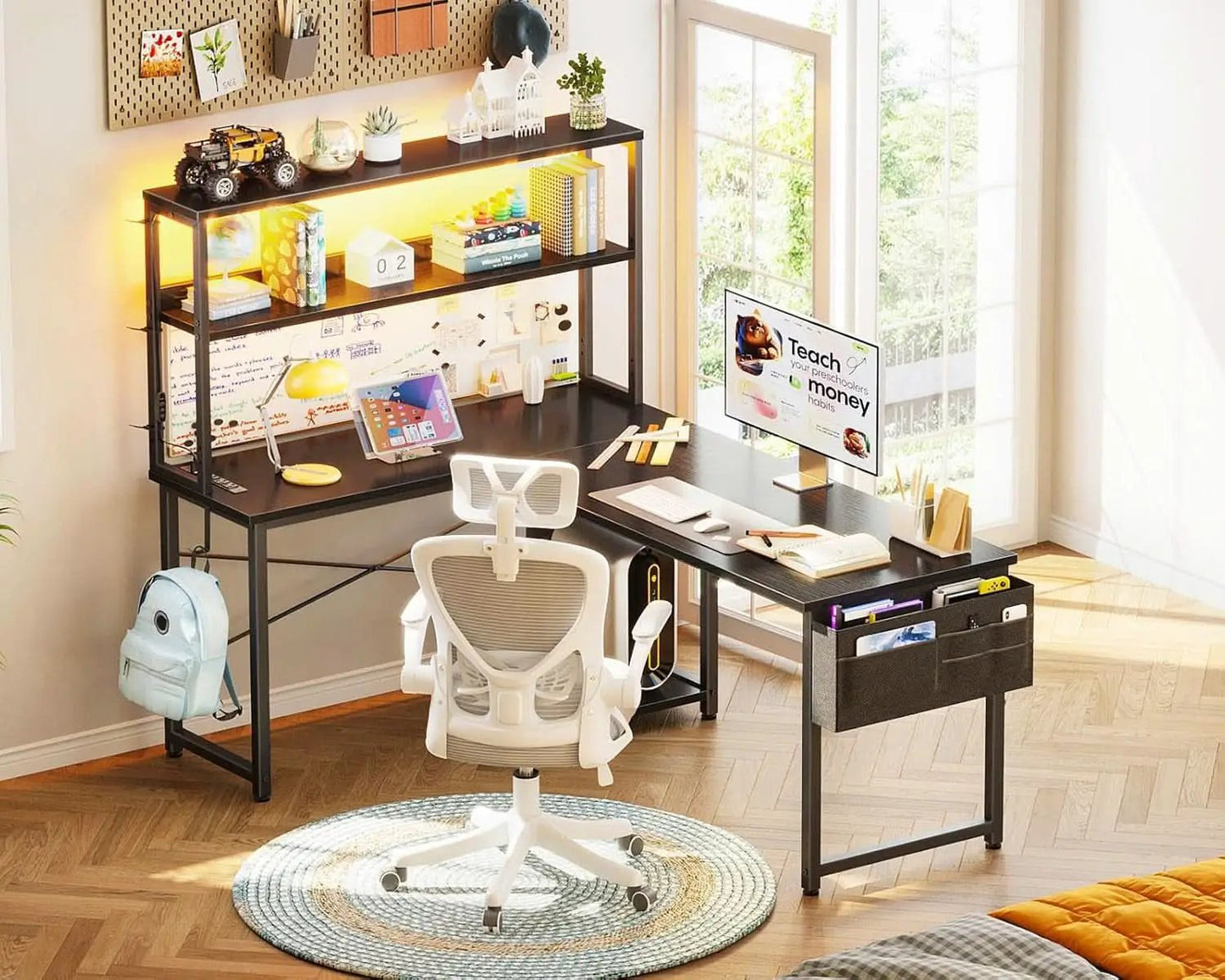 L Shaped Gaming Desk With LED Lights And Power Outlets from PriceLows™