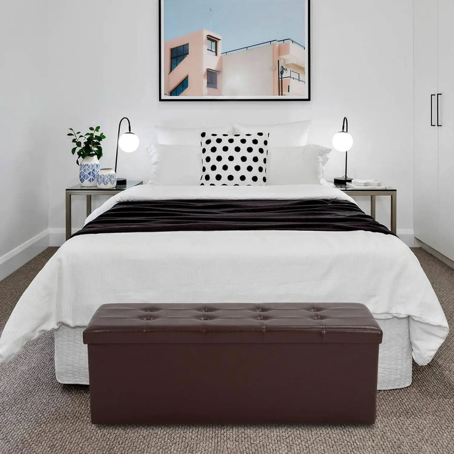Forty Three Inches Folding Storage Ottoman Bench Brown Leather from PriceLows™