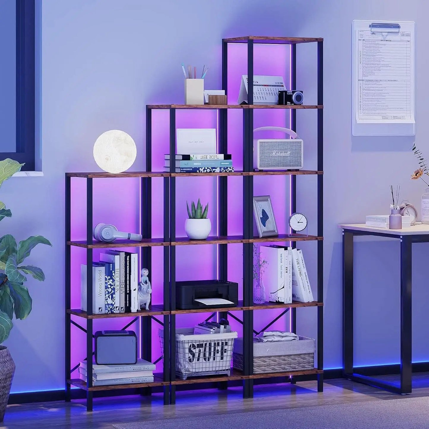 6 Tier Bookshelf With LED Lights In Rustic Brown Living Room from PriceLows™