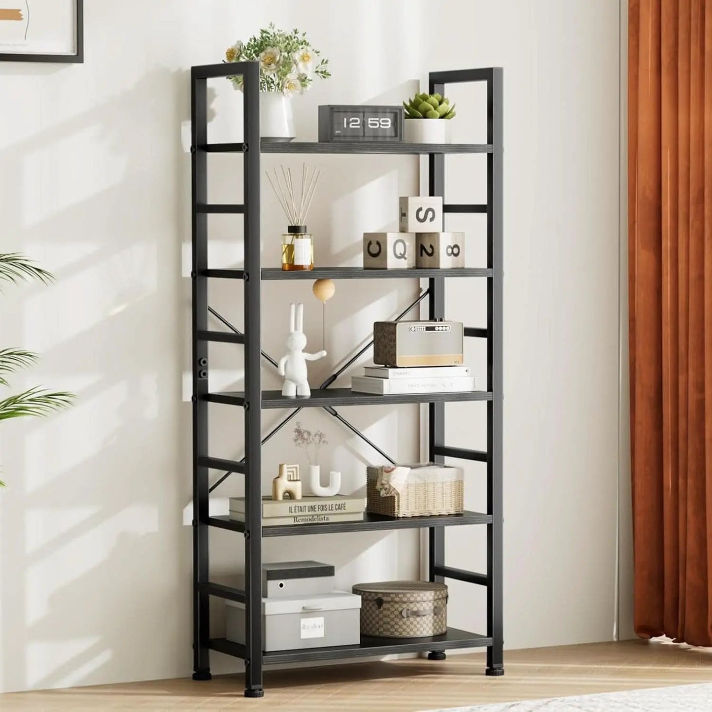 Black 5 Tier Bookcase Space Saving Tall Studio Home Office from PriceLows™