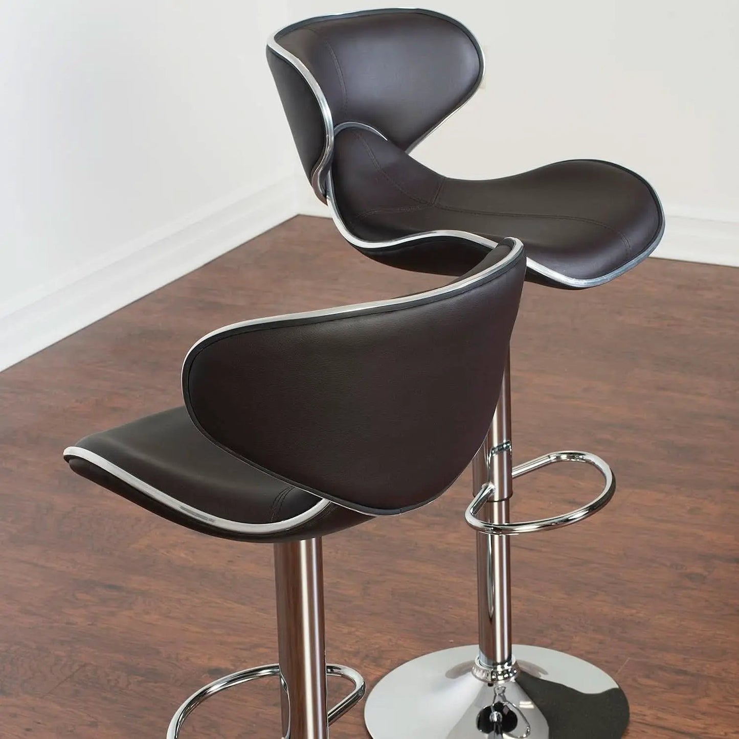 Two Brown Airlift Swivel Barstools With Chrome Base Adjustable Height 360 Degree Rotation from PriceLows™