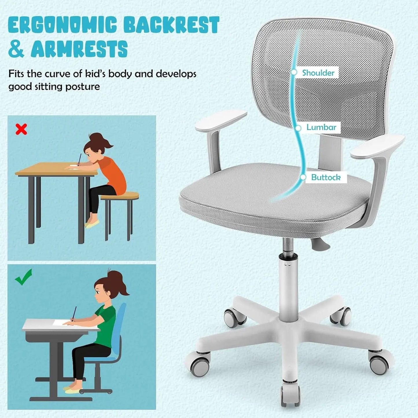 Kids Desk Chair Ergonomic Swivel With Lumbar Support And Breathable Mesh from PriceLows™