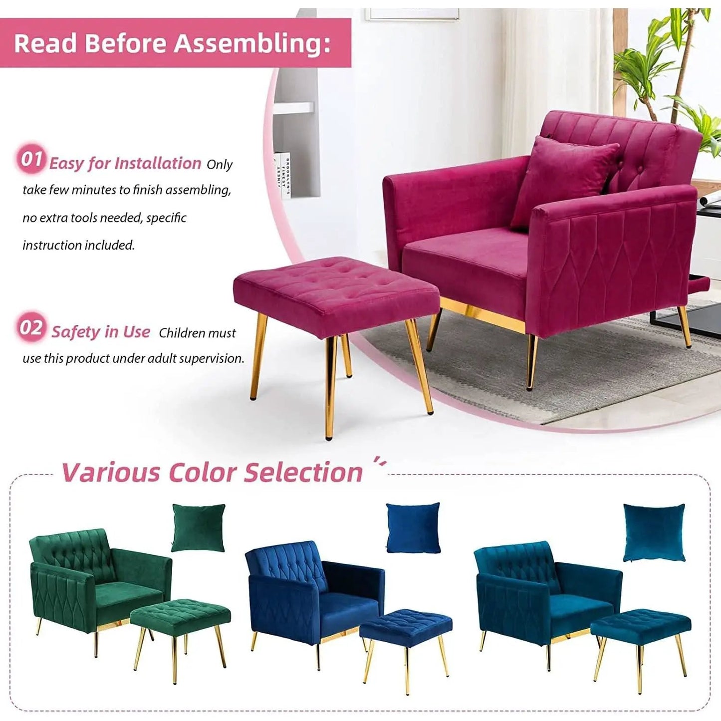 Fuchsia Velvet Adjustable Accent Chair With Three Backrest Angles from PriceLows™