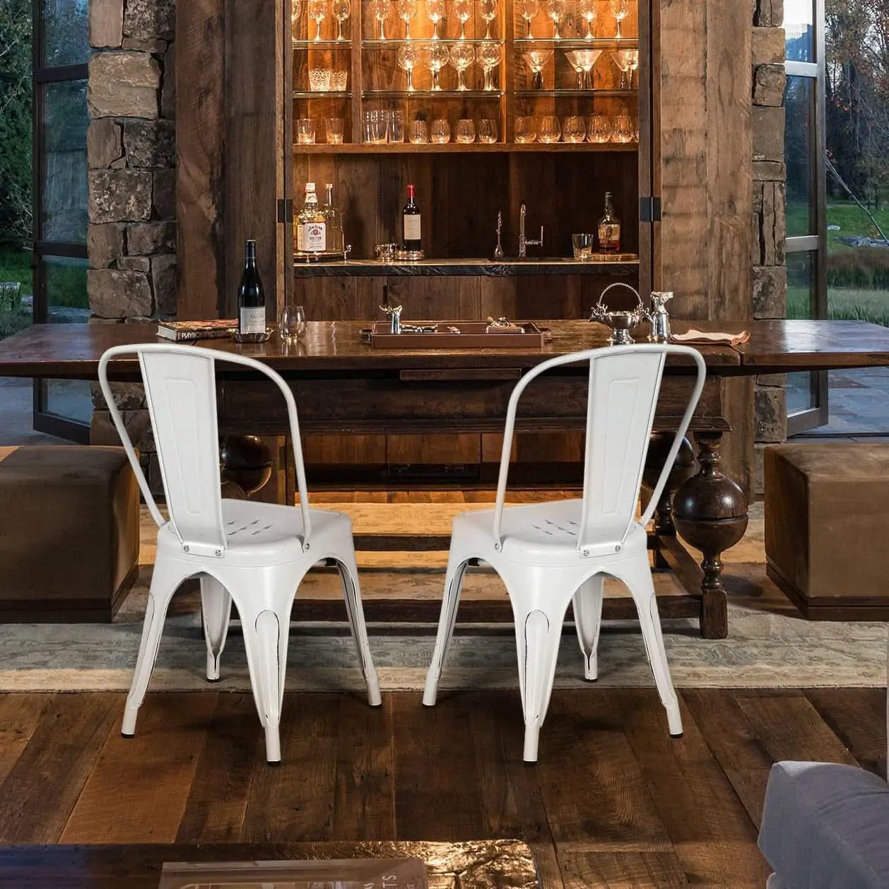 Stackable Distressed White Metal Dining Chairs For Indoor Outdoor Set Of 4 from PriceLows™