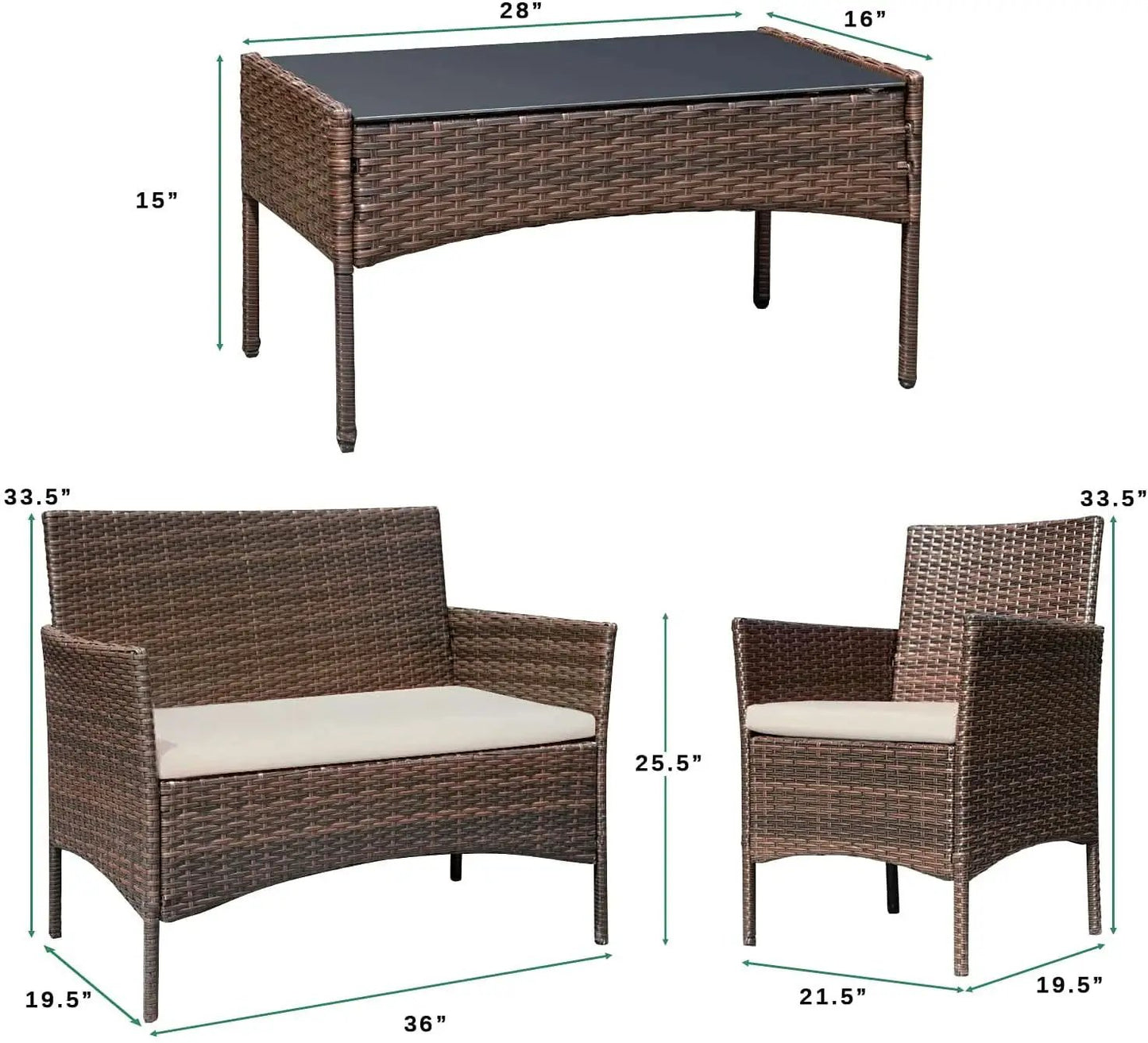 4 Piece Wicker Patio Set With Glass Table Beige Cushions from PriceLows™