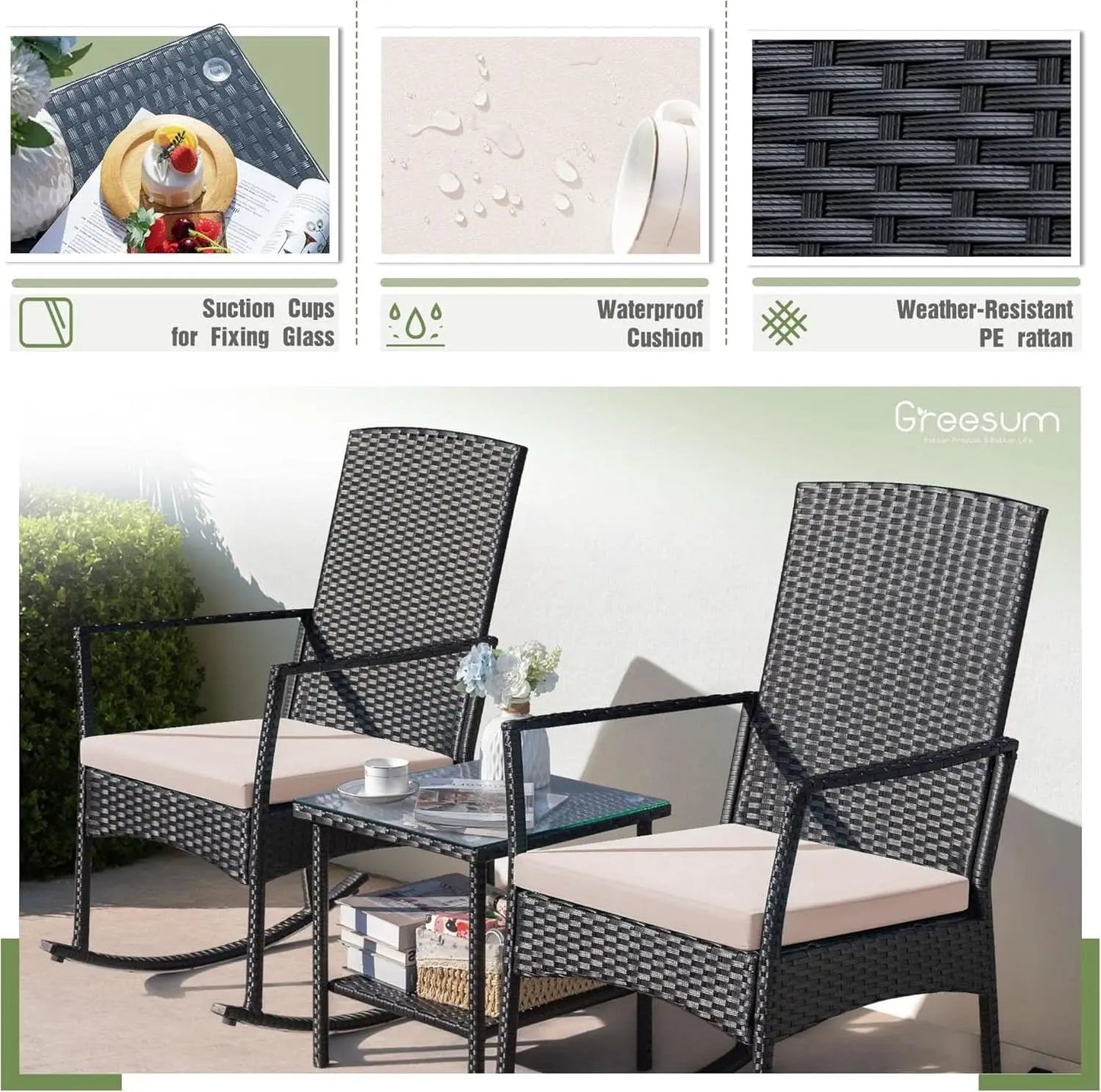 Three Piece Patio Furniture Set Outdoor Wicker Rocking Chairs With Glass Coffee Table Beige from PriceLows™