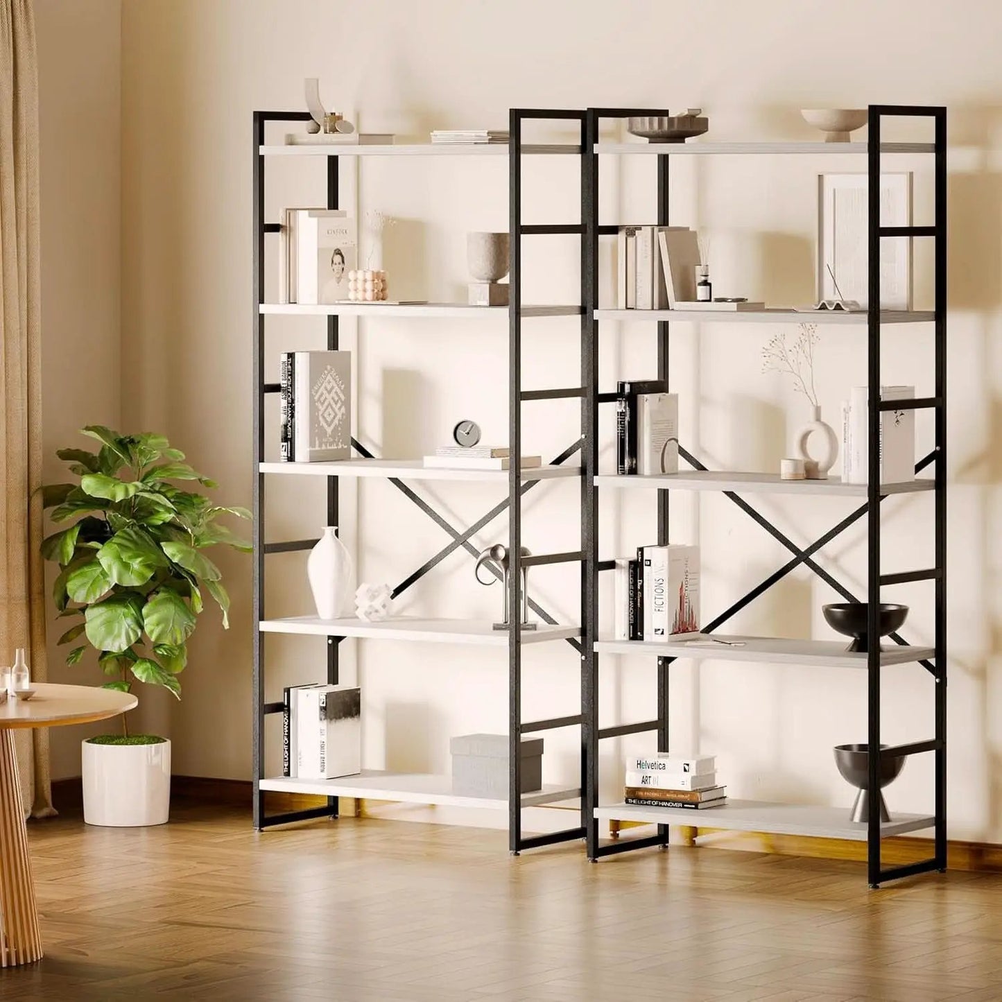 Two Piece Five Tier White Bookshelf Set Industrial Modern Bookcase For Living Room Office from PriceLows™