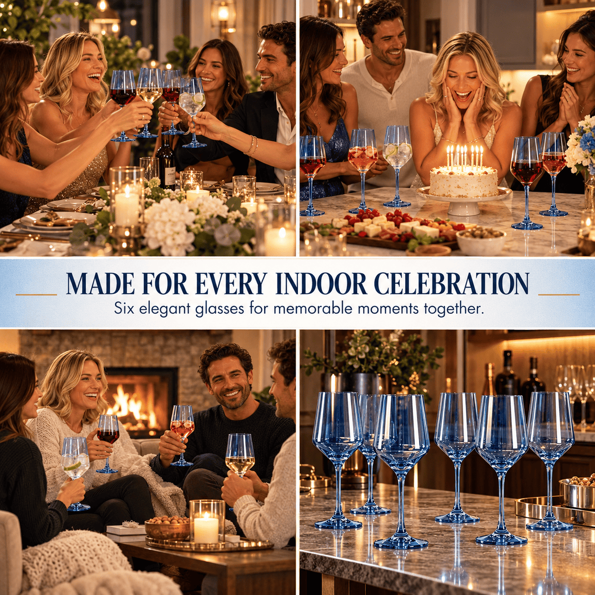 Blue Wine Glasses-12 oz - Dark Blue | 12 oz | Set of 6 | Glass