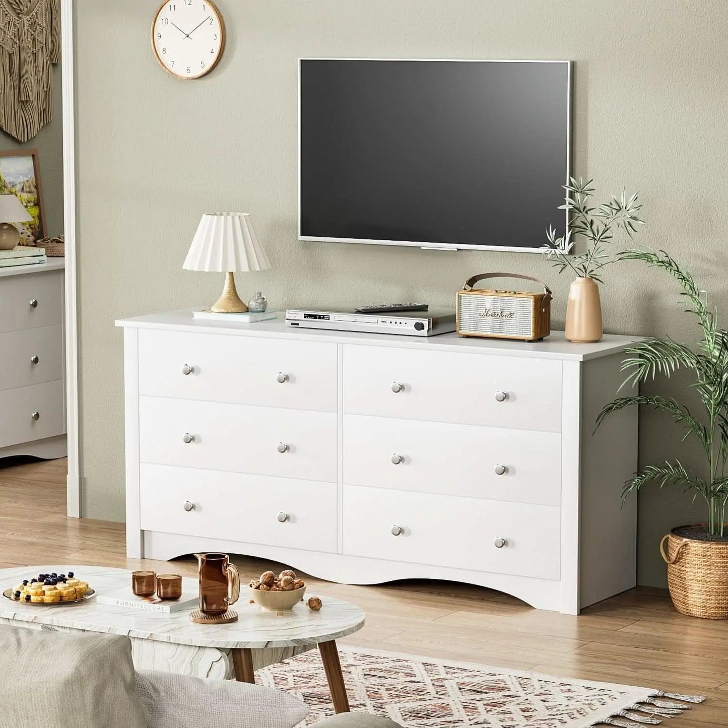 Dresser With 6 Drawers And TV Stand White Wood Storage from PriceLows™