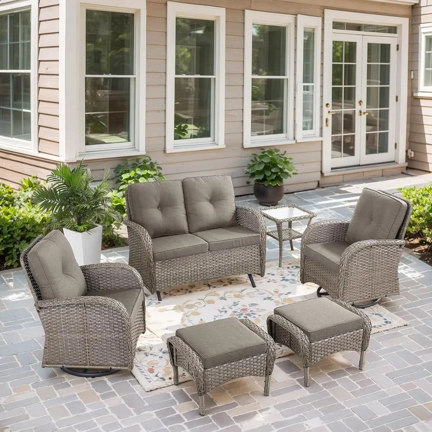 5 Piece Outdoor Patio Set Gray Wicker Swivel Rockers from PriceLows™