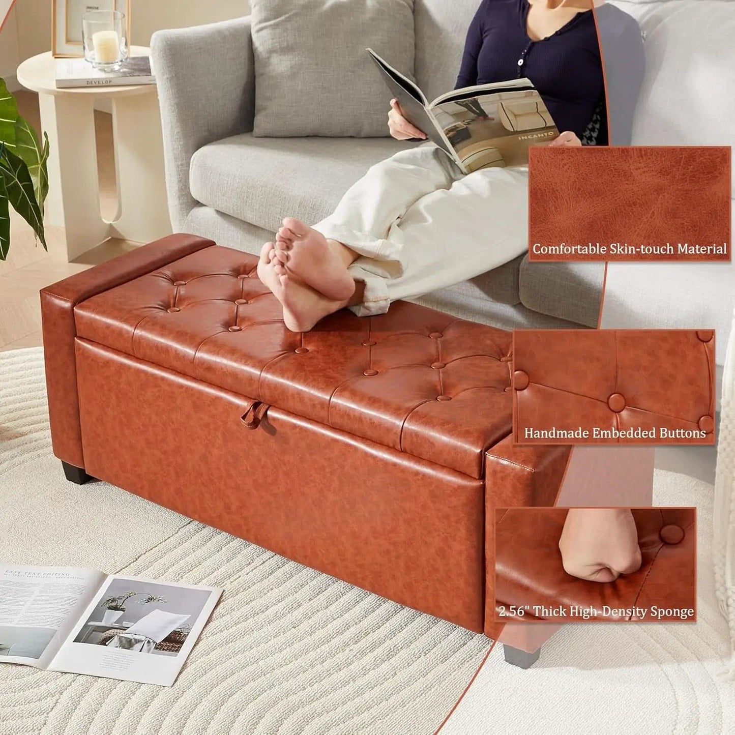 Storage Ottoman Tufted Leather Reddish Brown Bench from PriceLows™