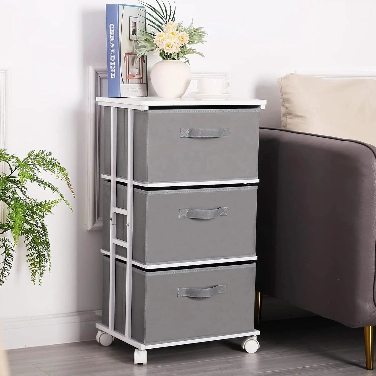 Dresser Tower 3 Drawer Dark Grey With Wood Top And Wheels from PriceLows™