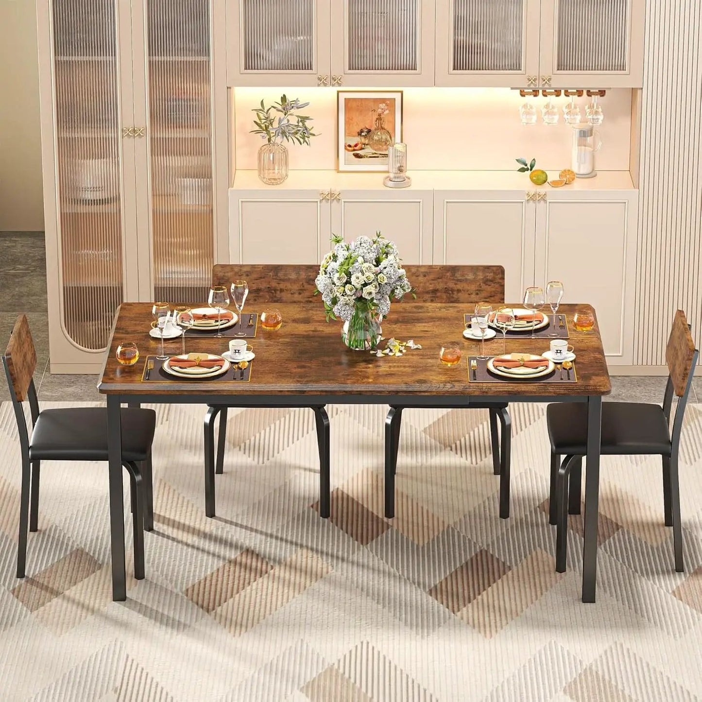 Sixty Three Inch Extendable Dining Table Set Rustic Brown from PriceLows™