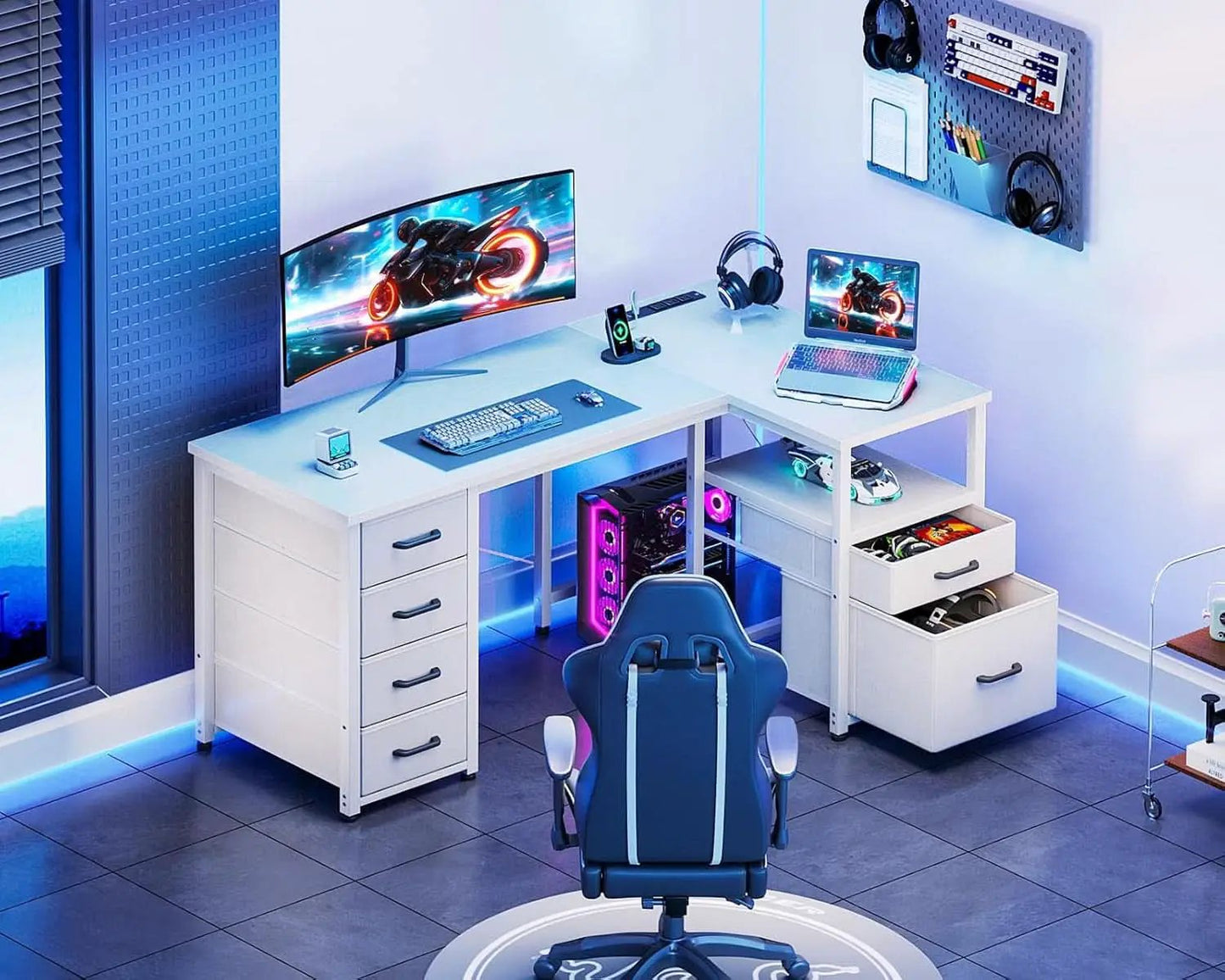 L Shaped Computer Desk 6 Drawers Power Outlet 55In White from PriceLows™