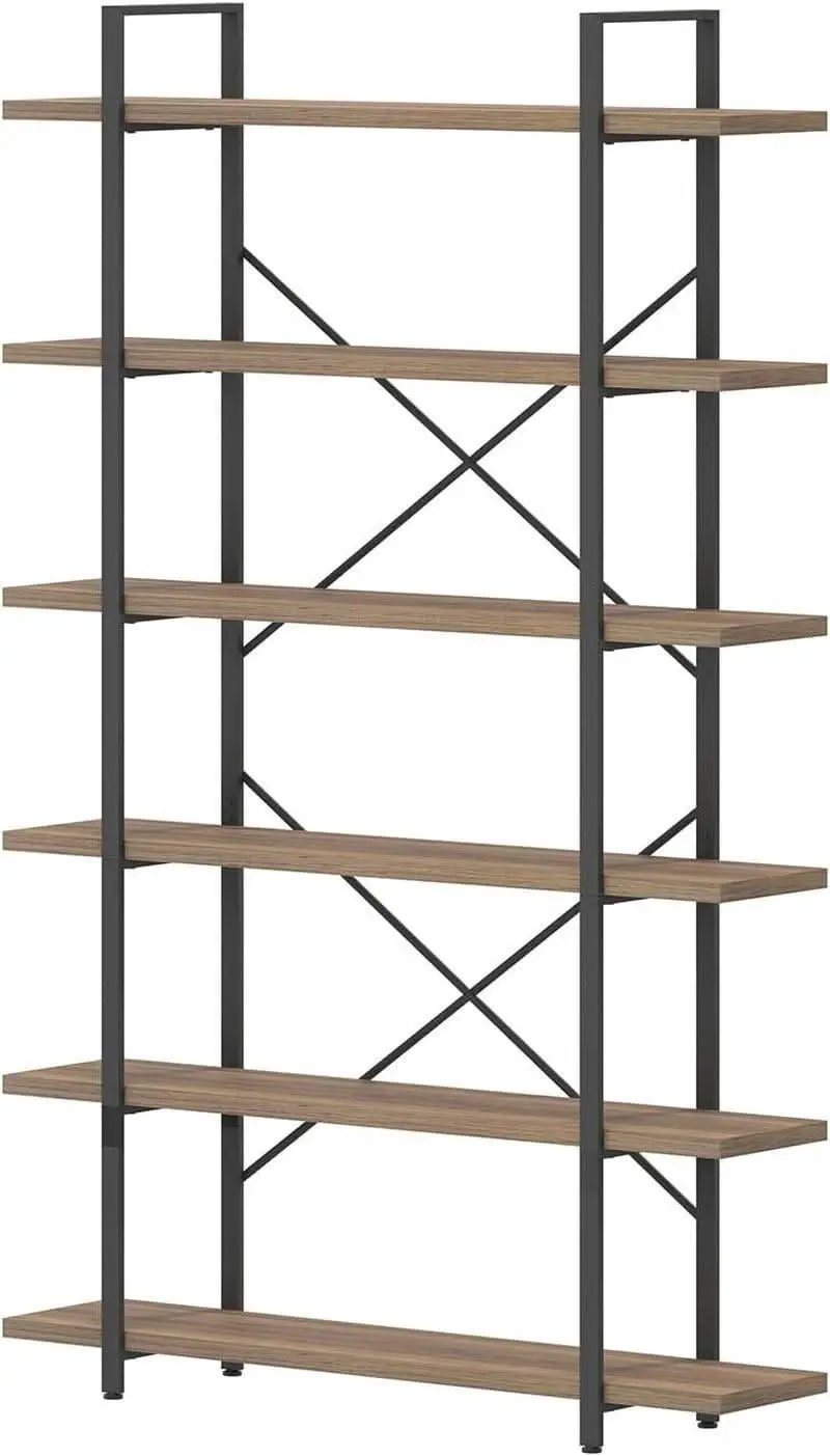Rustic Oak 6 Tier Tall Bookcase With Metal Frame Industrial from PriceLows™