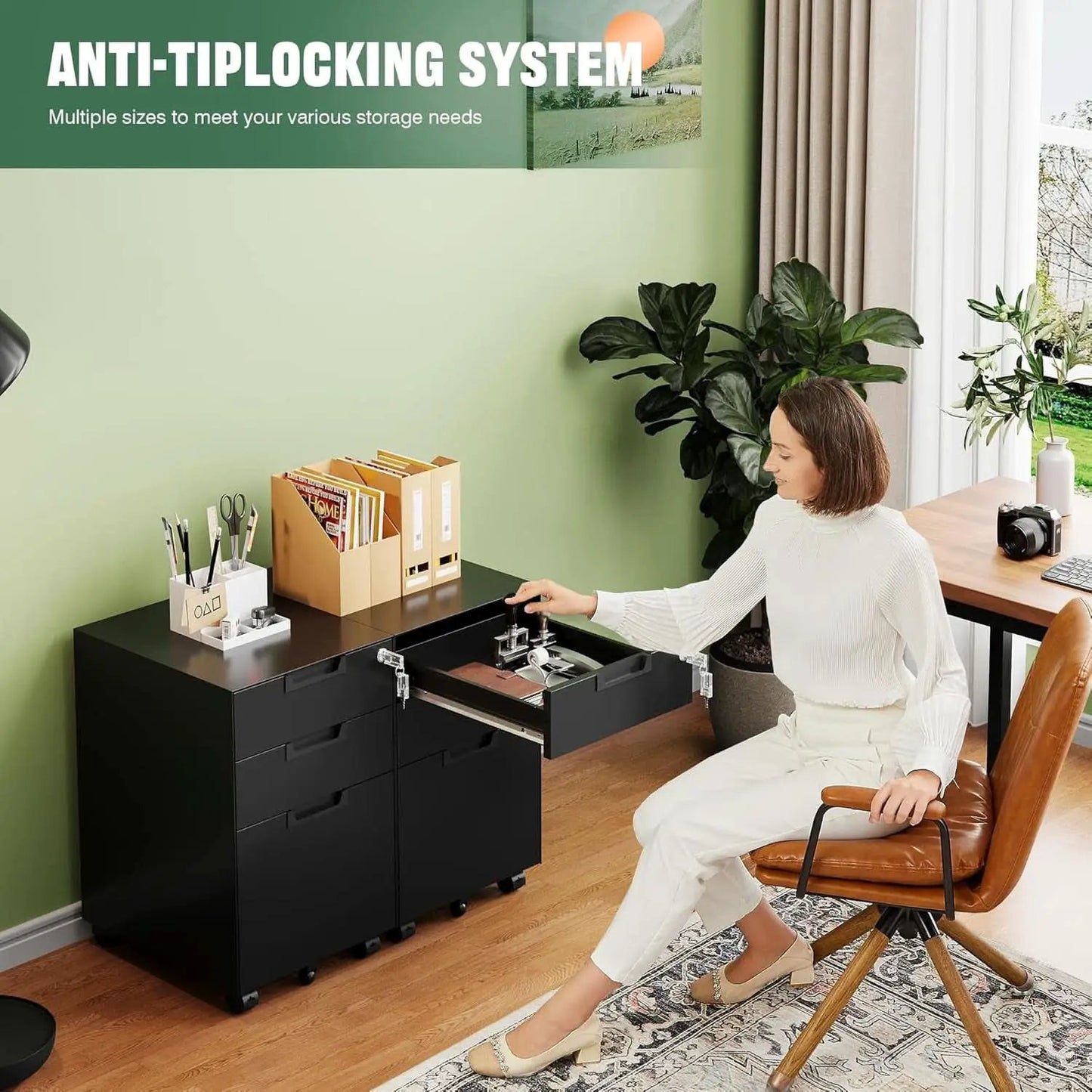 3 Drawer Mobile File Cabinet With Lock In Black Metal Under Desk Organizer For Letters Legal A4 from PriceLows™
