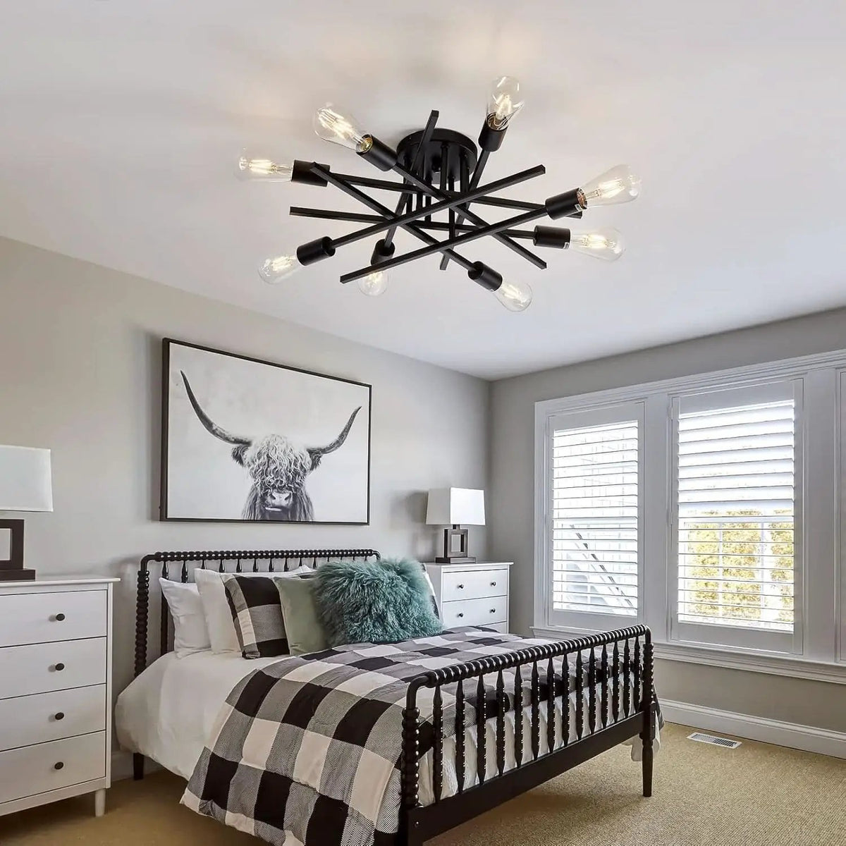 8 Light Matte Black Sputnik Chandelier Semi Flush Mount from PriceLows™