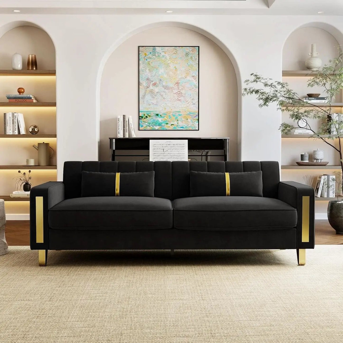 Two Piece Loveseat Sofa Set For Living Room 86 Inch Black Velvet Upholstery Quality Living Room Furniture from PriceLows™