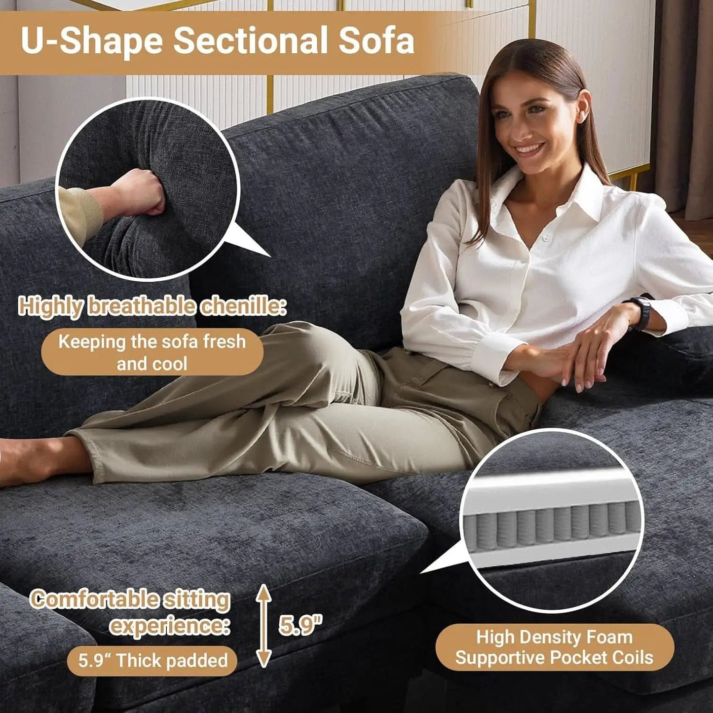110 Inch U Shaped Sectional Couch For Living Room With Double Chaise In Chenille Fabric Black from PriceLows™