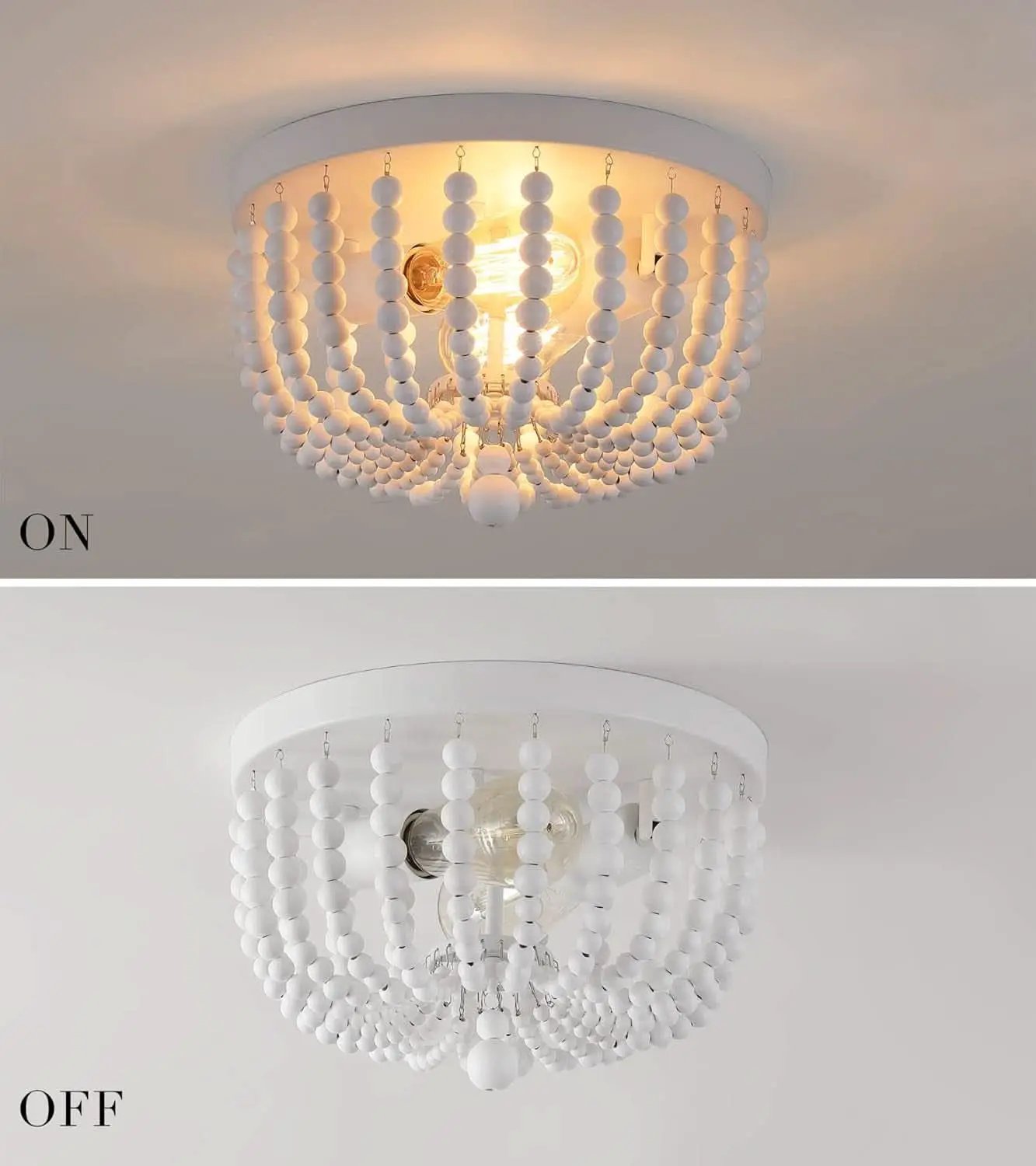 Two Light White Wood Beaded Boho Flush Mount Chandelier For Nursery And Bedroom Decor from PriceLows™