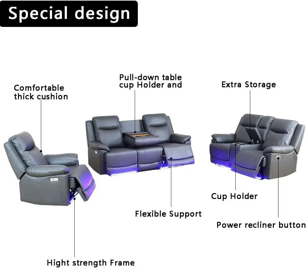 Power Leather Recliner Sofa Set Grey LED Lights Modern from PriceLows™