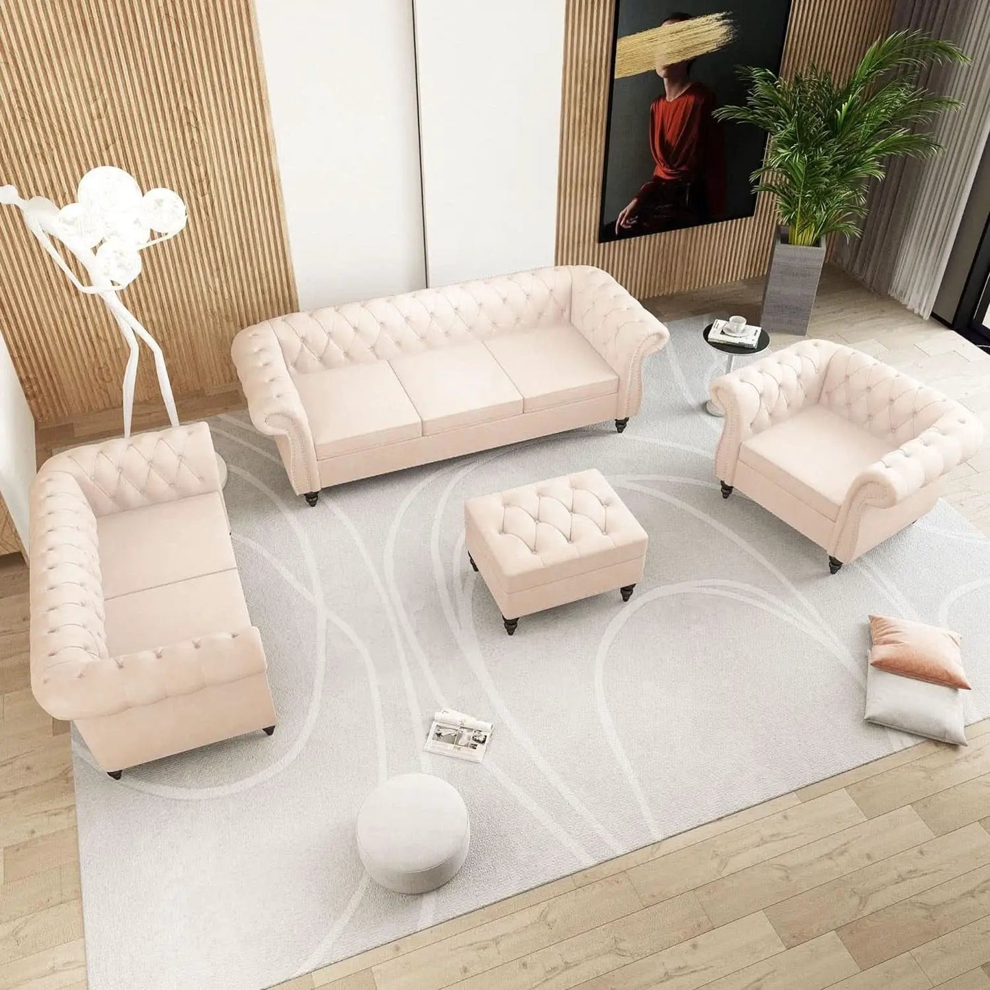 Beige Velvet Sectional Sofa Set With Button Tufting from PriceLows™