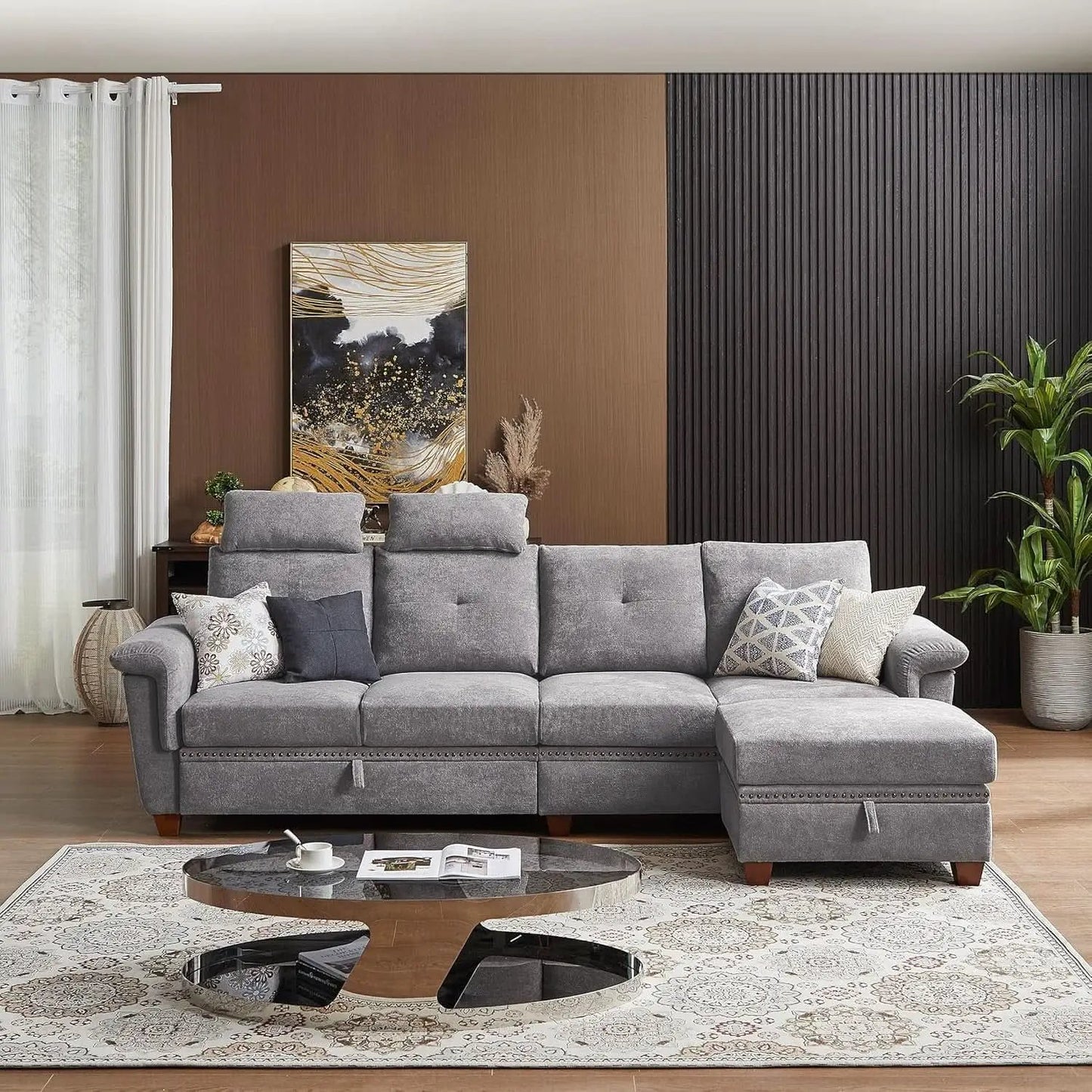Light Grey Microfiber Sectional Sofa With Storage Ottoman from PriceLows™