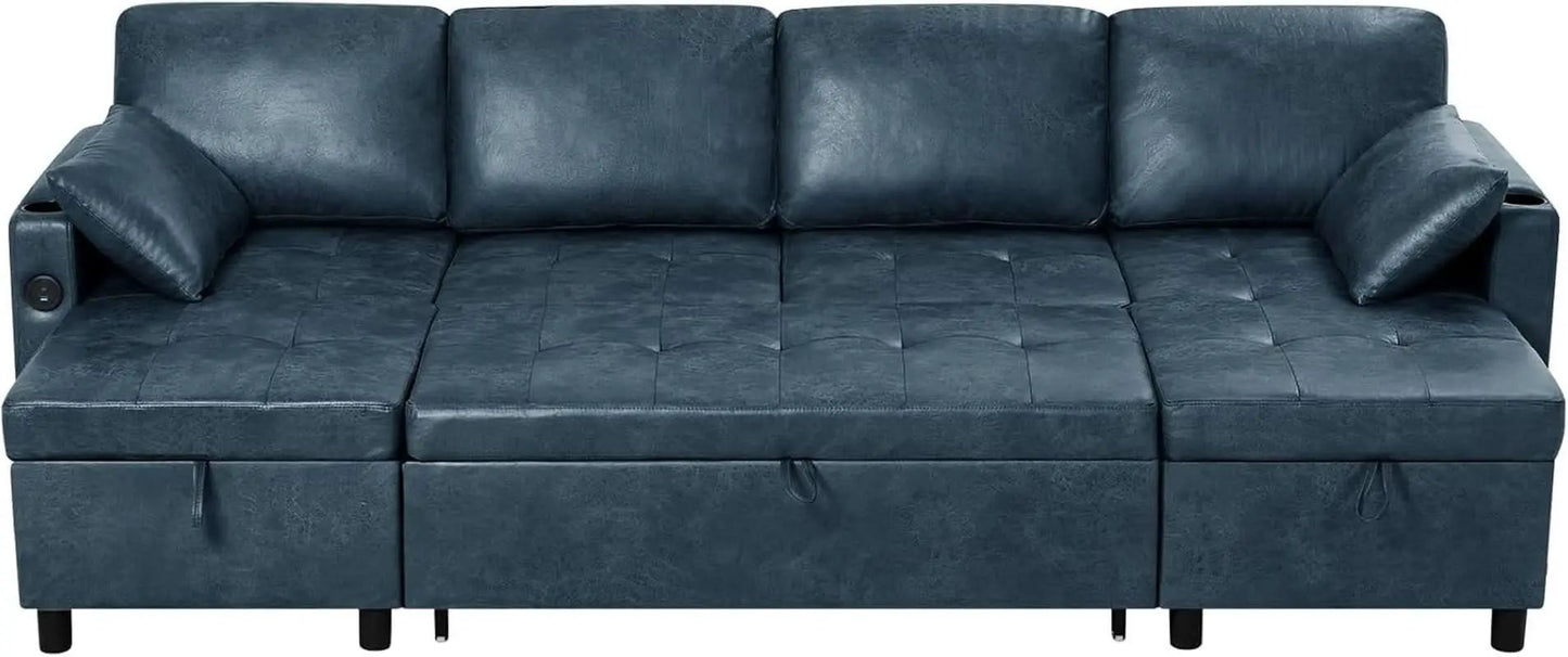 Blue Genuine Suede Leather 110Inch Sectional Sleeper from PriceLows™
