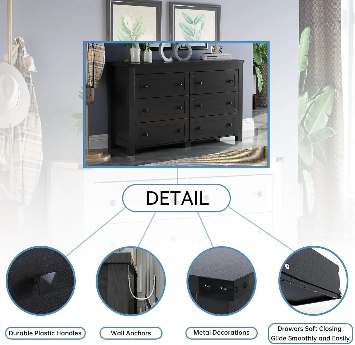 Black Dresser With 6 Drawers For Bedroom Modern Storage from PriceLows™