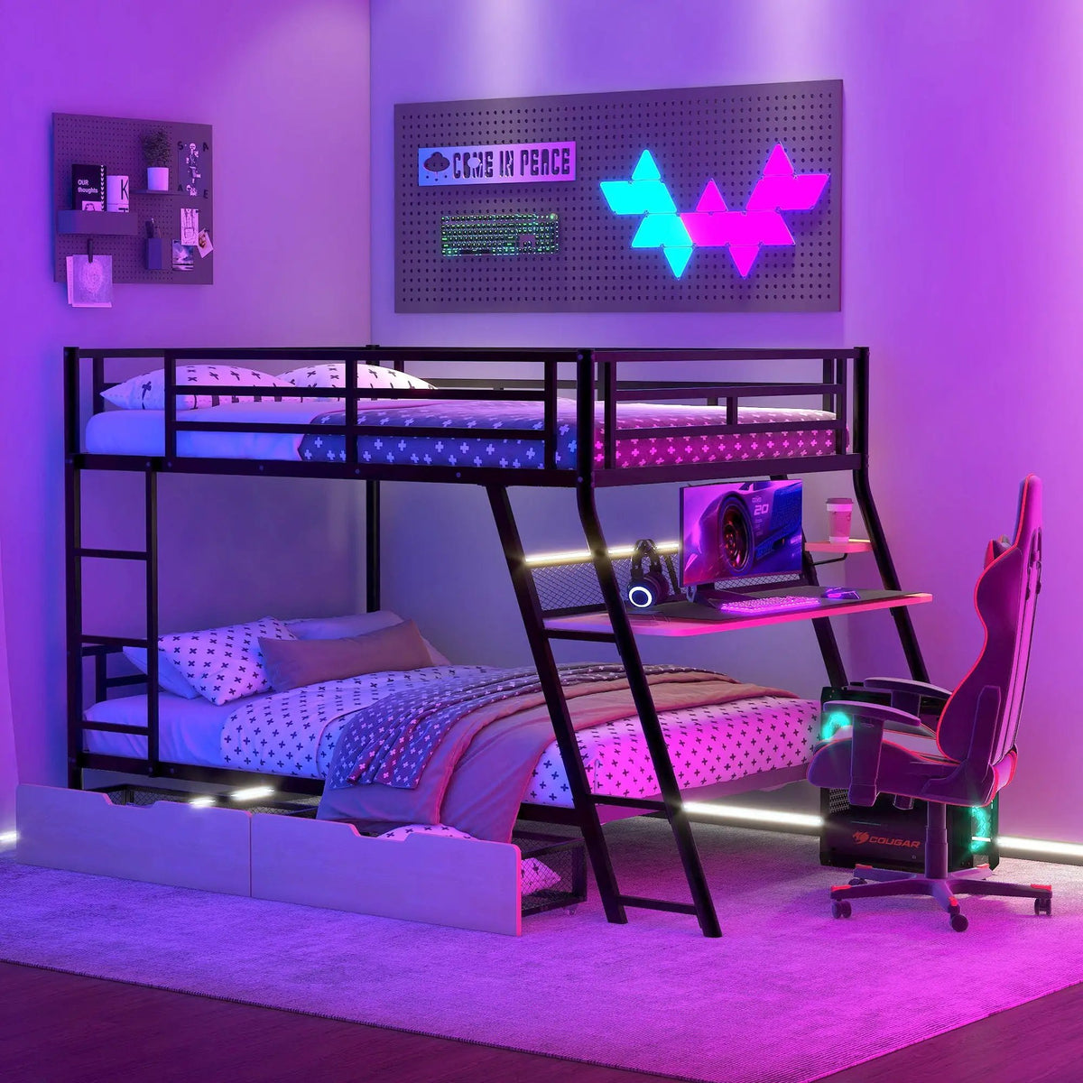 Full Size Bunk Bed | Built In Desk | Integrated Light | Black