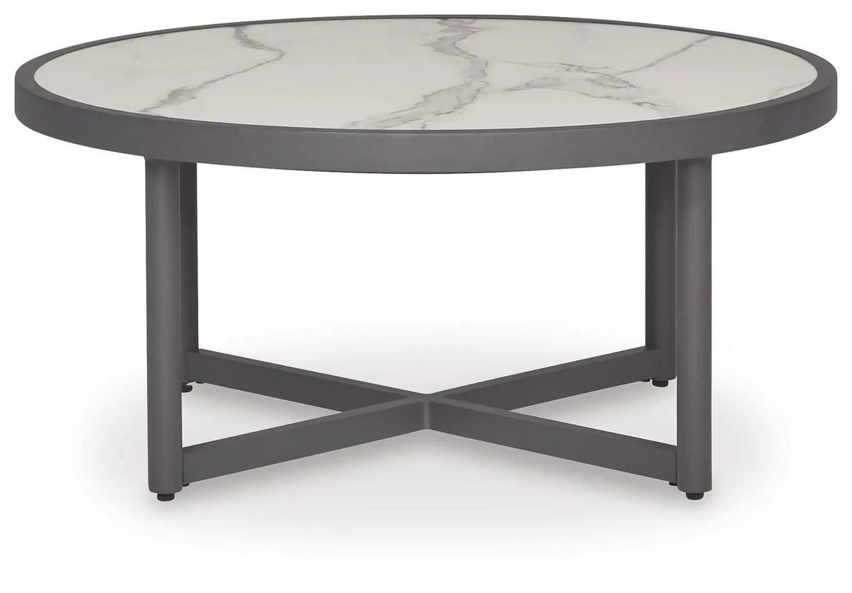 Ocean Beach Round Outdoor Table | Gray Shades | Marble Look Top | Porch And Patio