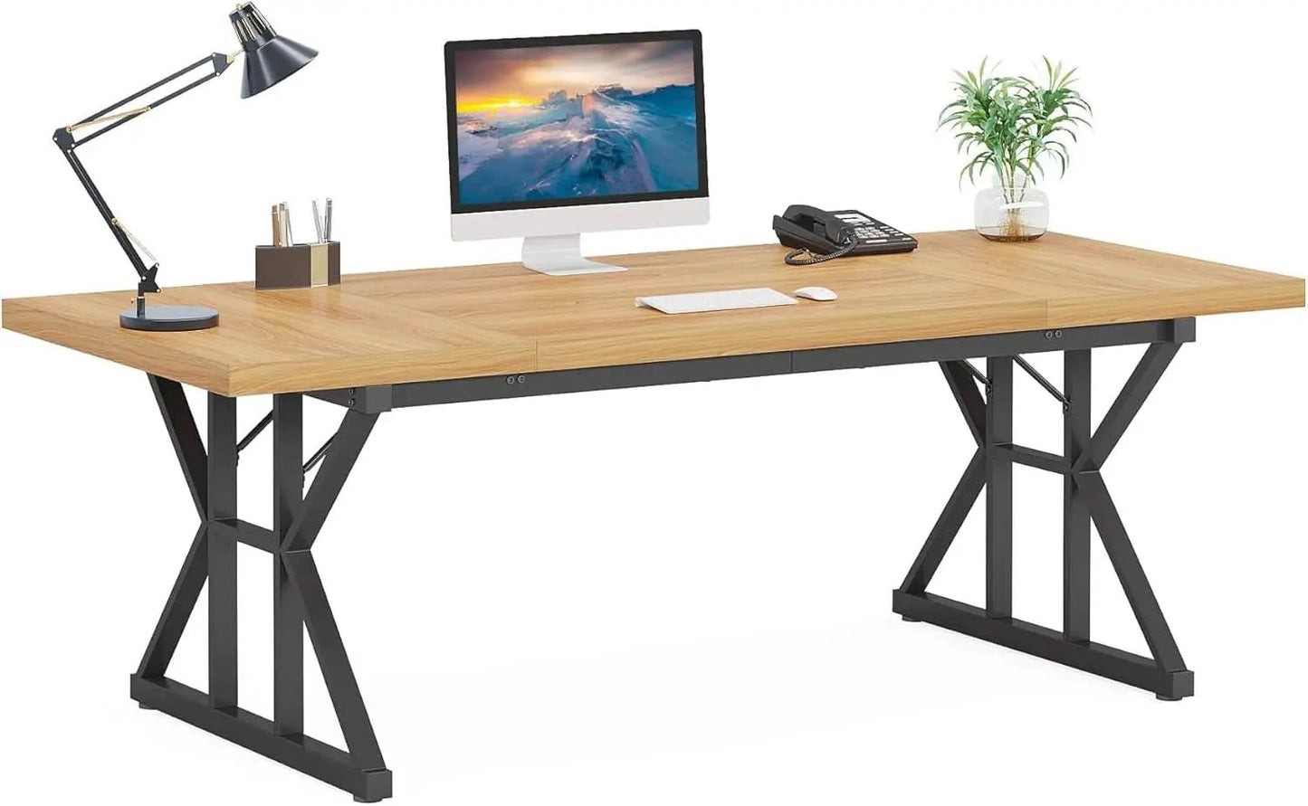 70.8 Inch Executive Desk Light Walnut Black Large Computer Office Desk from PriceLows™