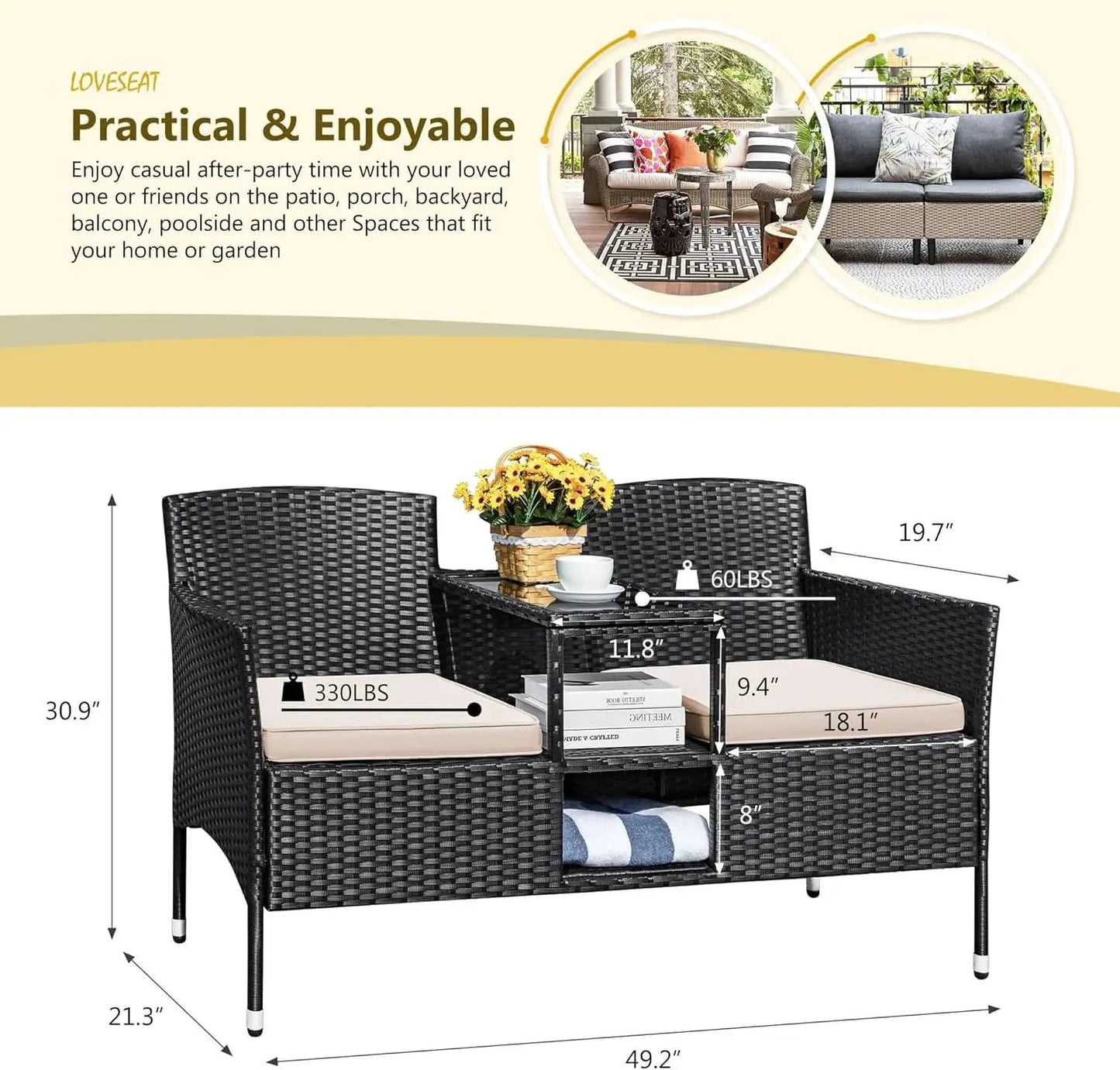 Outdoor Patio 2 Seat Loveseat Set With Built Table Beige from PriceLows™