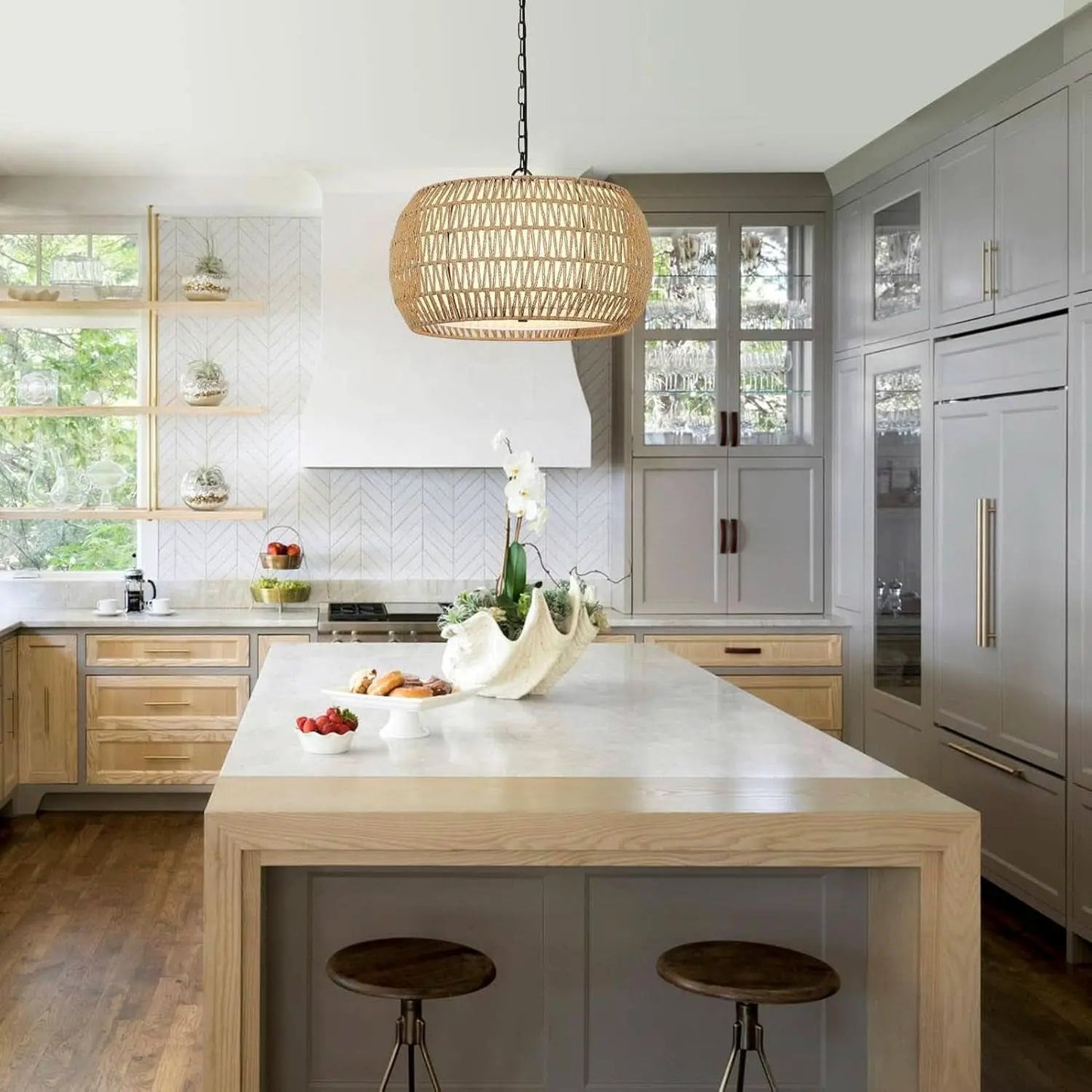 Rattan Farmhouse 5 Light Chandelier With Fabric Shade from PriceLows™