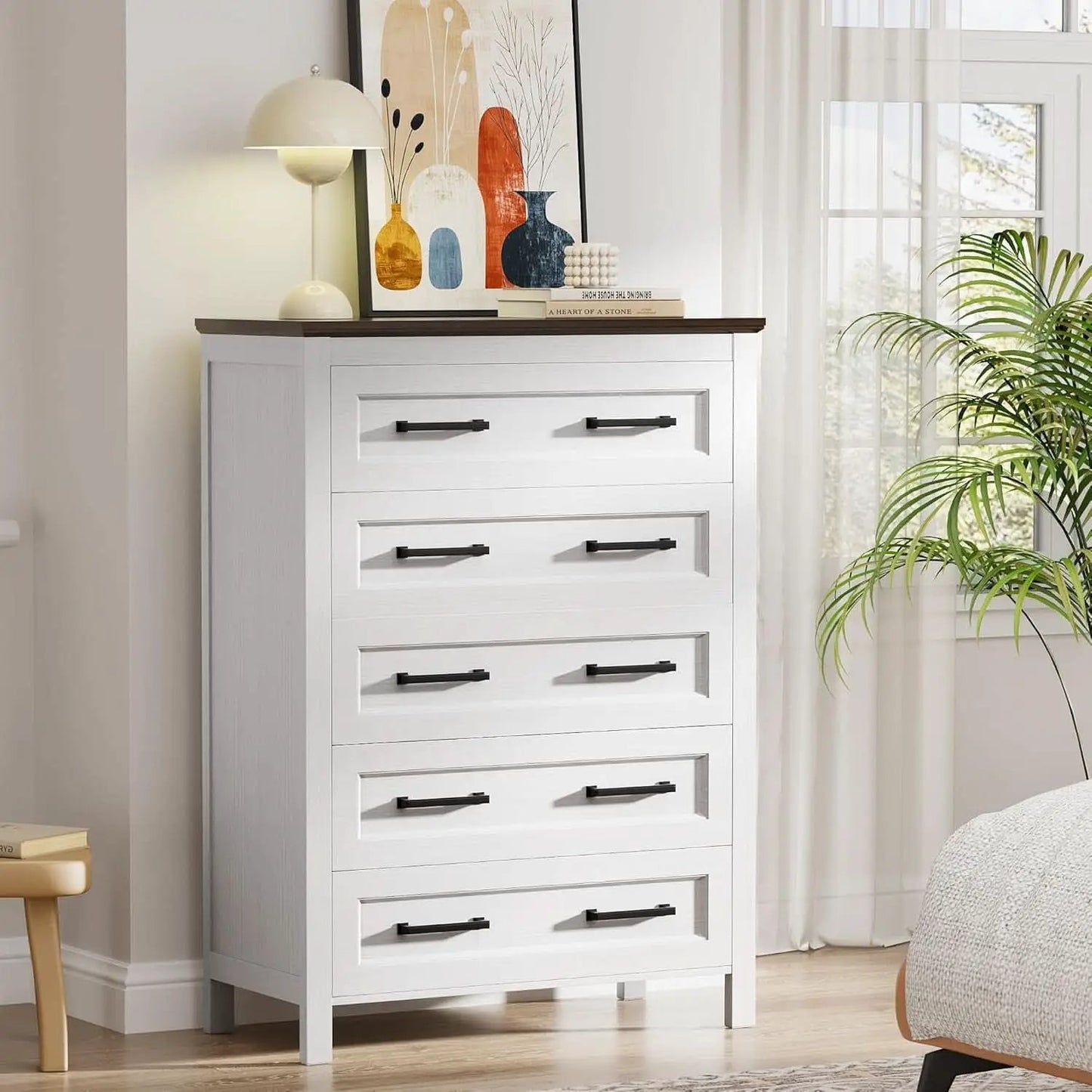 Tall White ChestOfDrawers With Five Drawers WalnutBrown from PriceLows™