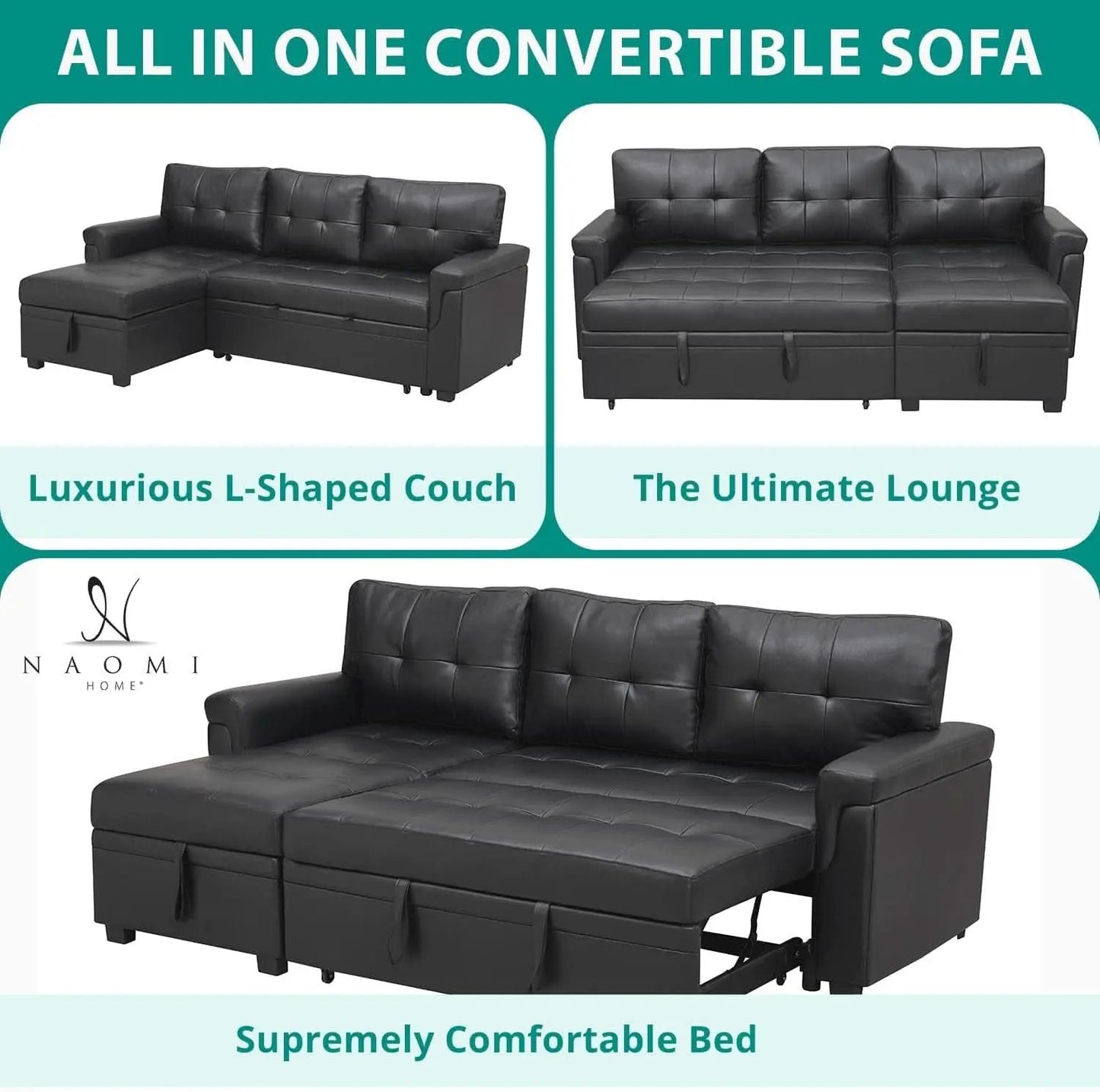 Sleeper Sectional Sofa Black Leather With Convertible Bed from PriceLows™