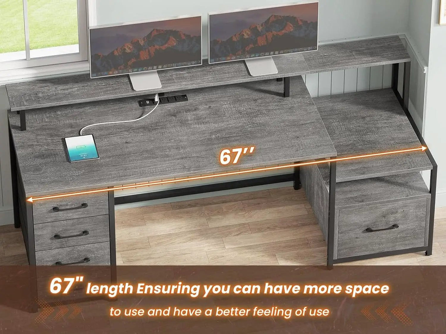66 Inch Home Office Desk With File Drawer For Computer
