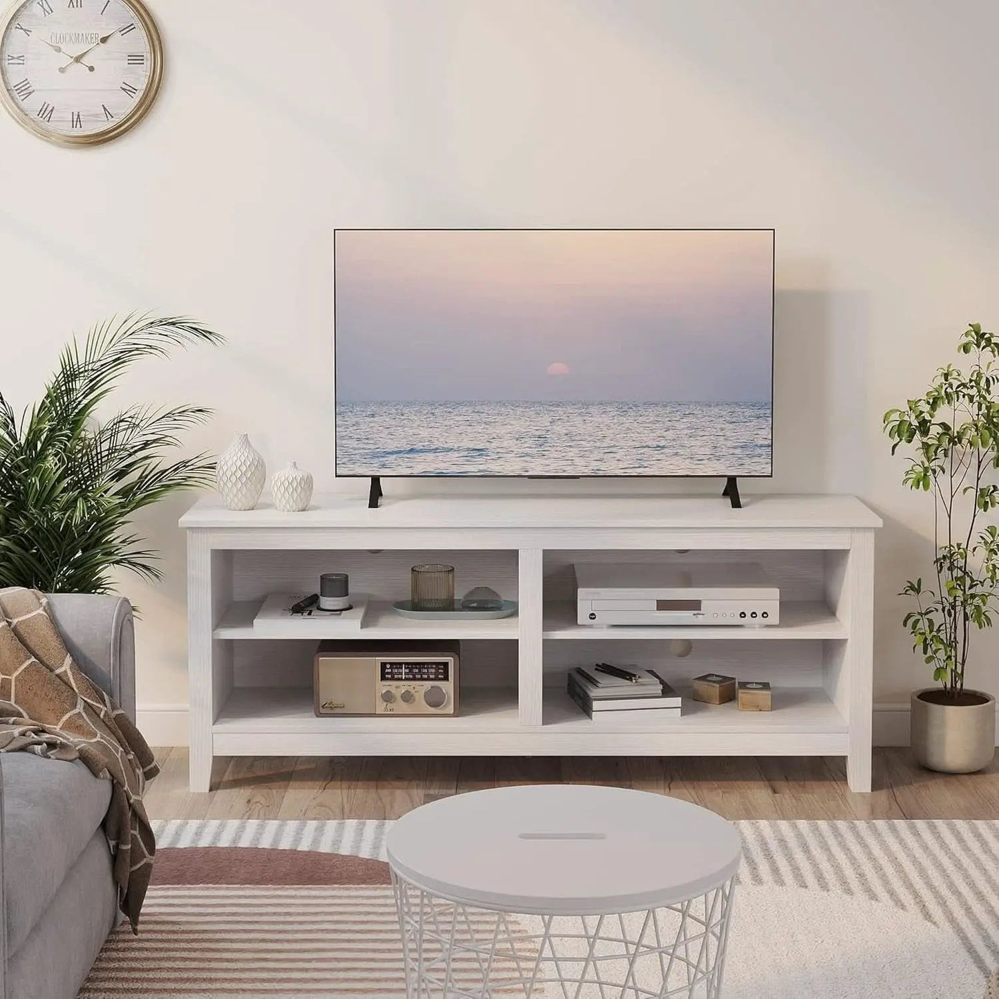 65 Inch TV Stand With Open Storage Shelves White Cabinet from PriceLows™