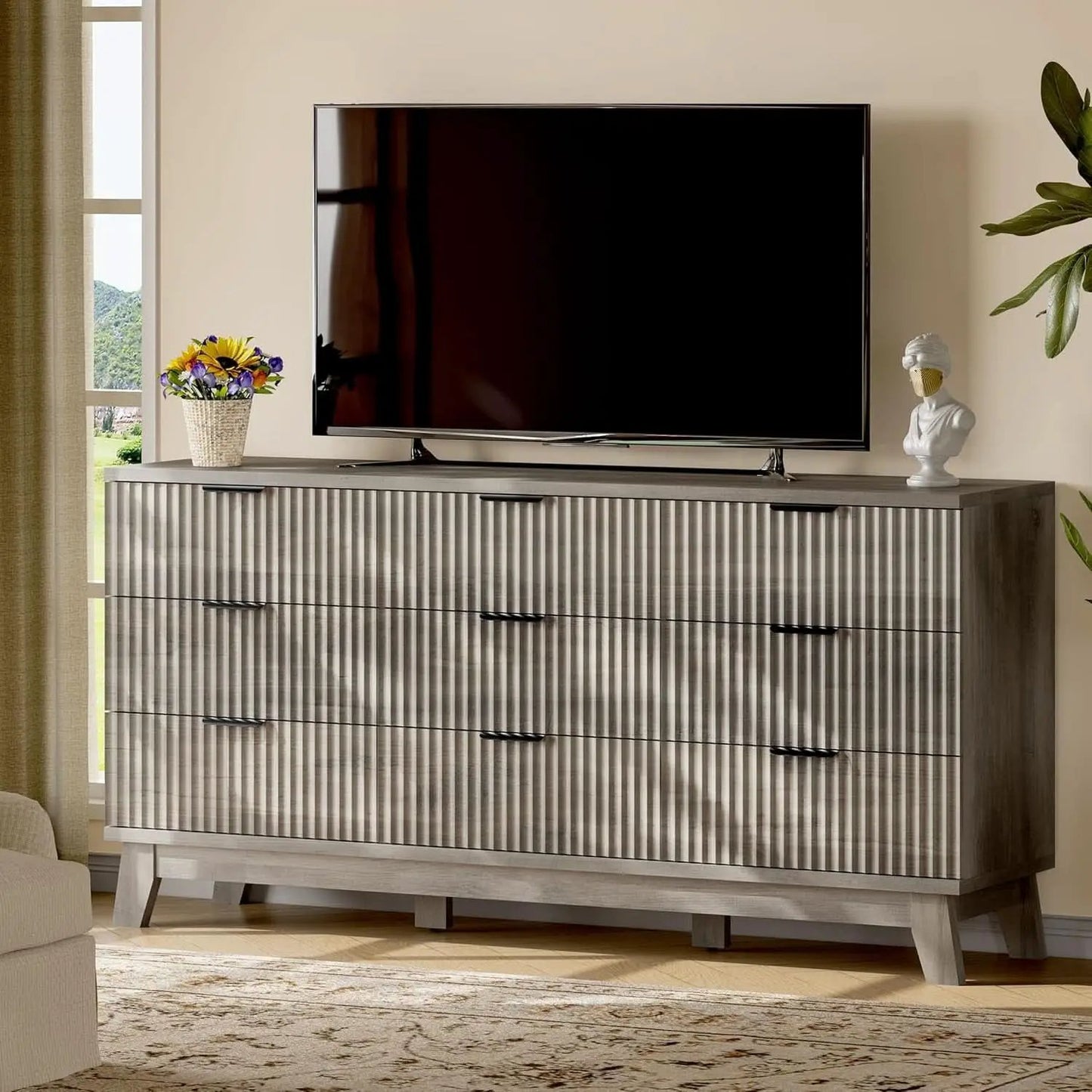 63 Inch Dresser Charcoal Grey Finish With Wave Fluted Panel And 9 Drawers from PriceLows™