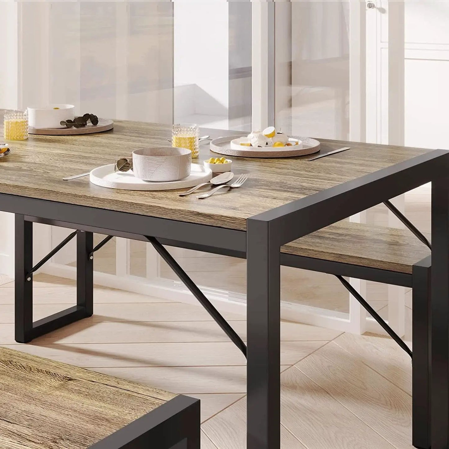 Dining Table Set For 4 With 2 Benches Gray Finish Modern from PriceLows™