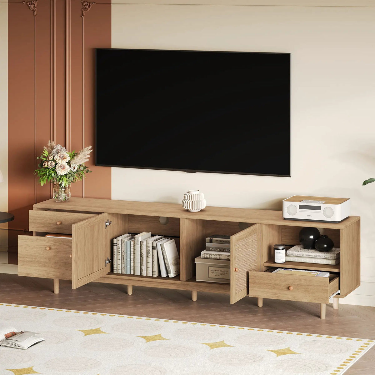 76 Inch TV Stand With Doors | Three Drawers | Two Cabinets | Natural Rattan Doors