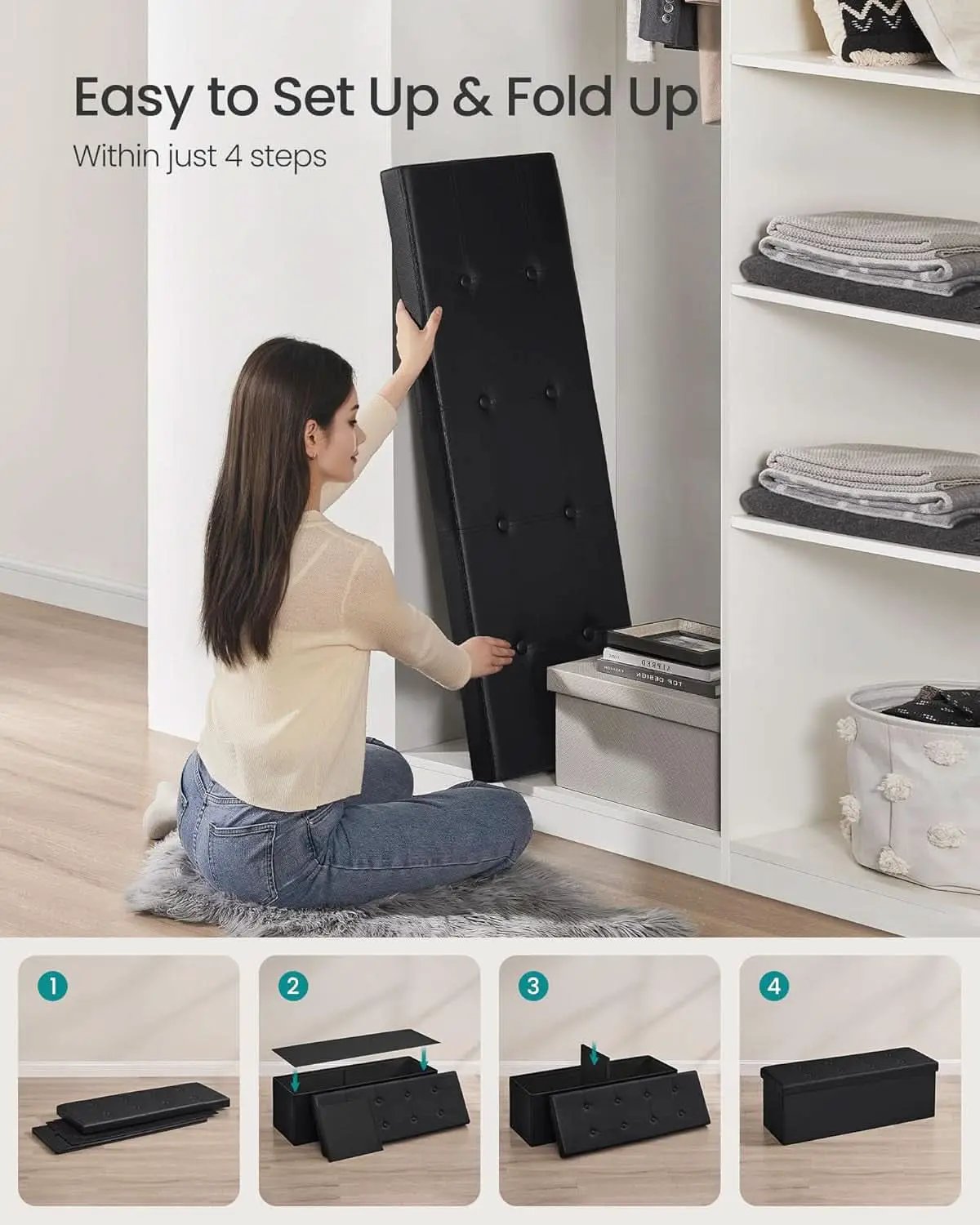 43 Inch Folding Storage Ottoman Black Synthetic Leather from PriceLows™