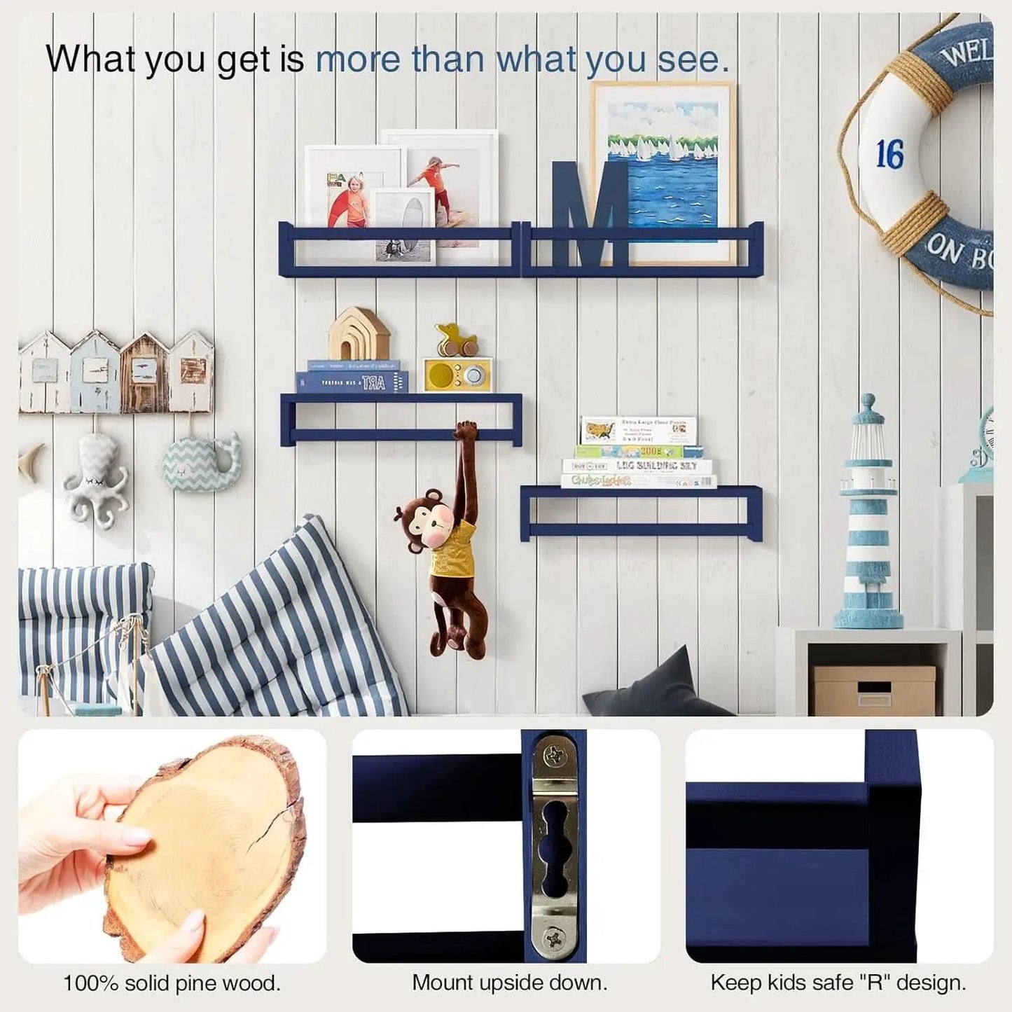 Navy Blue Floating Book Shelves Set of 4 Wall Mounted from PriceLows™